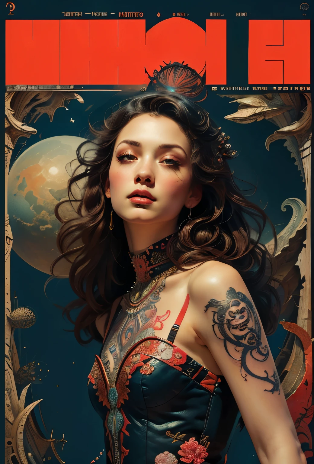 (masterpiece, Top quality, best quality, Official Art, beautiful and aesthetic:1.2), (1 Girl), Extremely detailed,(Fractal Art:1.3),rich and colorful,Highest detail rating R, National Foundation, Sexy woman, magazine cover, Poster Art , Lovecraftian horror Tattoo, Tattoo, A touch of vitality, Bold large text, Matte design layout.
