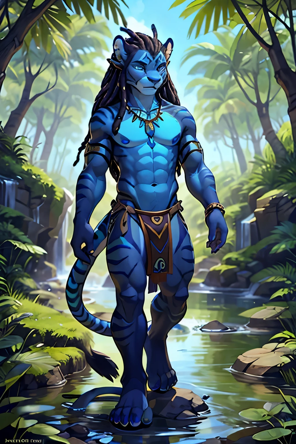 Avatar, male Na'Vi, humanoid, alien, with blue skin, athletic, Pandora, loincloth, stripes, femboy, barefoot, long wild dreadlocks, panther, shaman, long leonine tail, savage