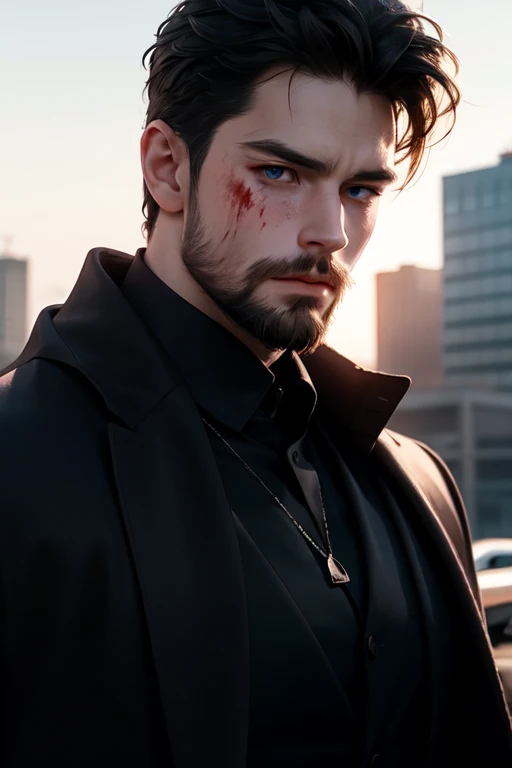 photo of handsome guy, 30yo, crisp clean lighting, (natural lighting:studio, lighting:0.5), sophisticated elegant mood, stained, highly detailed, found footage, masculine, full beard, facial hair, long beard, outdoors, chilling, relax, sunburn, caucasian, white man, european man, full long beard, morning time, broad shoulders, film velvia, (realistic), anger face, cape, (superman:1), blue eyes, muscular body, screaming face, full beard, city background, (blood on face), bloody slit around, joshhutcherson person, gloves, (full beard), fire aura explosion,