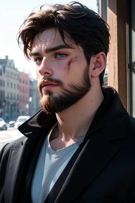 photo of handsome guy, 30yo, crisp clean lighting, (natural lighting:studio, lighting:0.5), sophisticated elegant mood, stained, highly detailed, found footage, masculine, full beard, facial hair, long beard, outdoors, chilling, relax, sunburn, caucasian, white man, european man, full long beard, morning time, broad shoulders, film velvia, (realistic), anger face, cape, (superman:1), blue eyes, muscular body, screaming face, full beard, city background, (blood on face), bloody slit around, joshhutcherson person, gloves, (full beard), fire aura explosion,