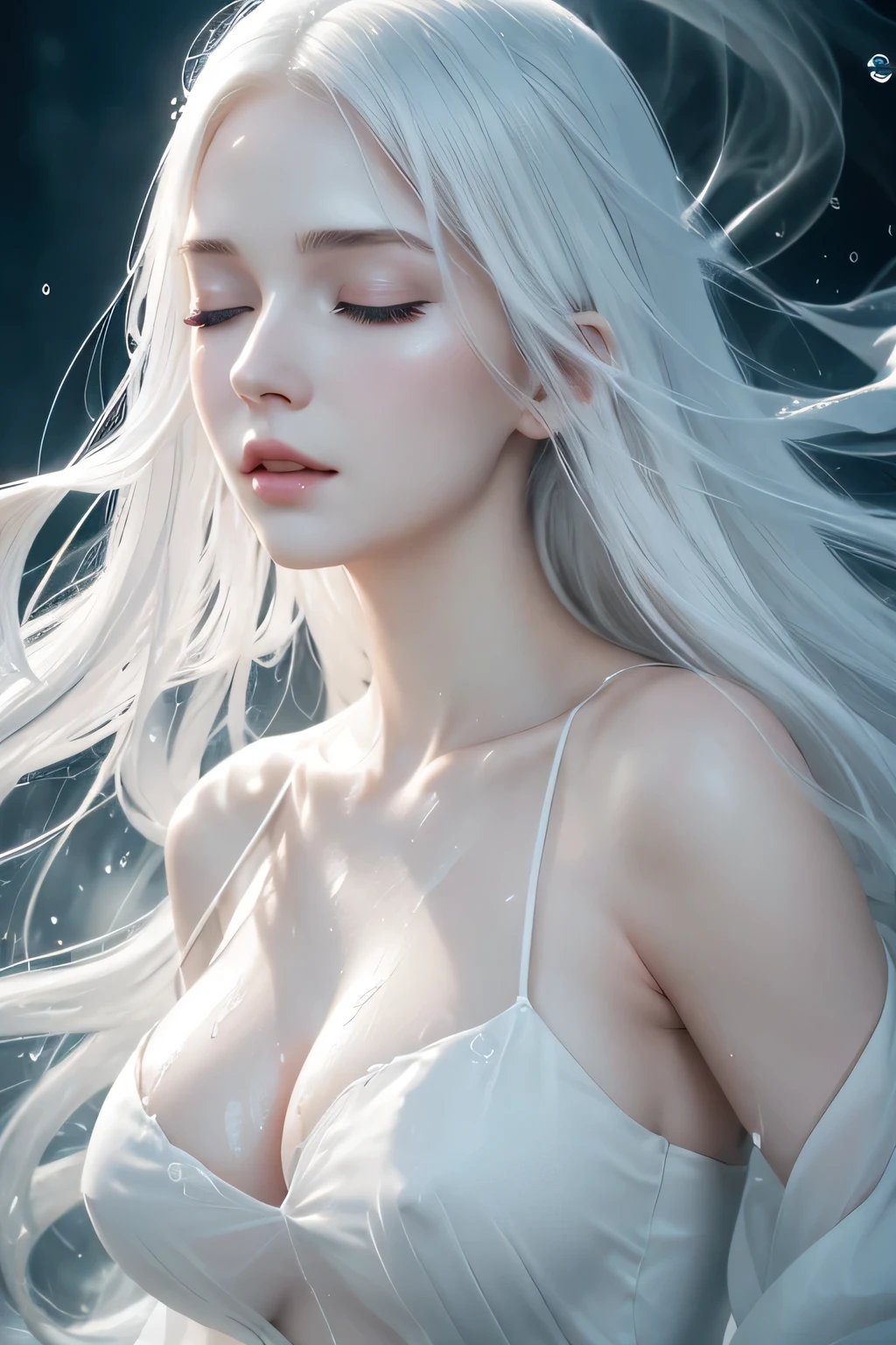 (best quality, HD:1.2), ultra-detailed, (realistic:1.37), beautiful girl with angelic face, elegant white long dress, long floating white hair, pale skin, closed eyes, pale lips, drip milk , smoke mist background, soft lighting, portrait, sticky wet skin with , soft lightning, full body, floating under water