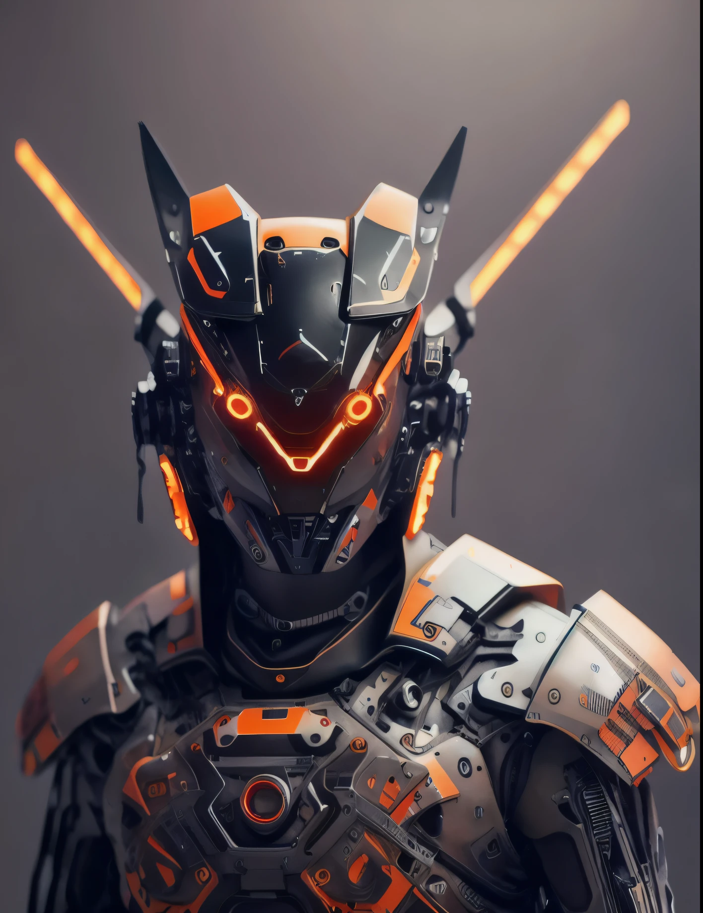 1 robot, organic, orange triangle glowing eyes, cyberhelmet, long hair, black and red plastic, holding a weapon, standing in background cyberpunk, diffuse lighting, fantasy, intricate, elegant, highly detailed, lifelike, photorealistic, smooth, sharp focus, art by John Collier and Albert Aublet and Krenz Cushart and Artem Demura, wires, tubes, dark room, dim light