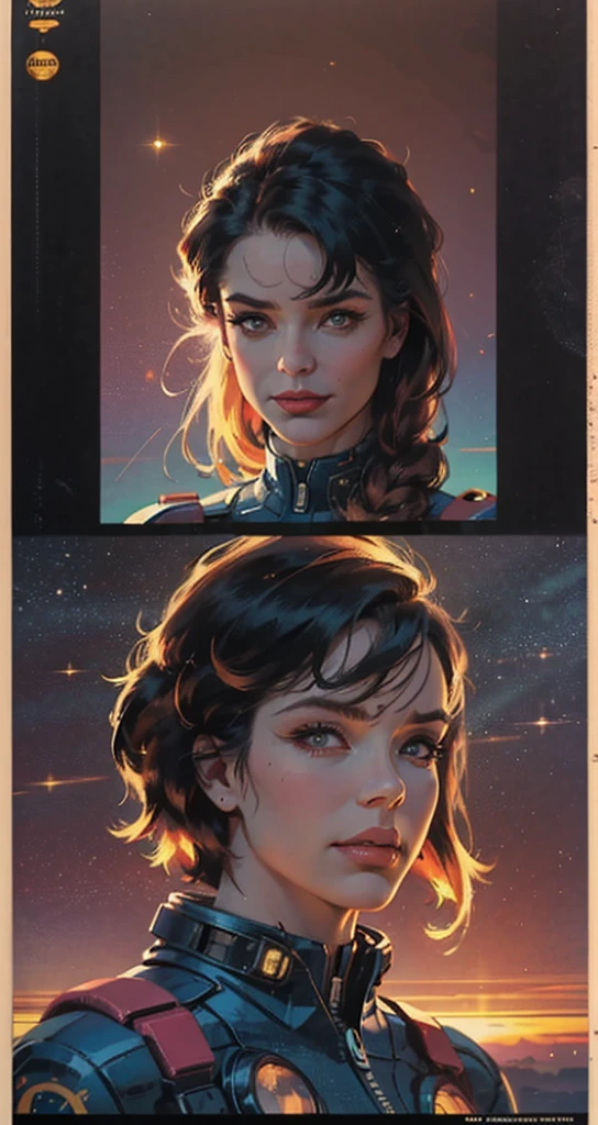 looking at camera, cyberpunk neon cinematic 8k poster, shocking, neon lights - dark and shadowy background - night mood, Astronaut style white and gold trim neon light bikini zipper open (breast) and clear helmet, dark short wavy hair, with a group of soldiers behind her, beautiful sci-fi art, beautiful smile, waiting for a kiss, turning and looking at the camera, space warrior, sunrise over solar punk city, stoner rock, mars invasion, epic album art cover, sexy movie photo, cinemascope panorama, high stylized and 1940’s poster, cosmic style, 8k cinematic, golden ratio, cosmic mayhem, light particles, wet look, golden hour, realistic, masterpiece, highest quality, lens flare, shade, bloom, [[chromatic aberration]]