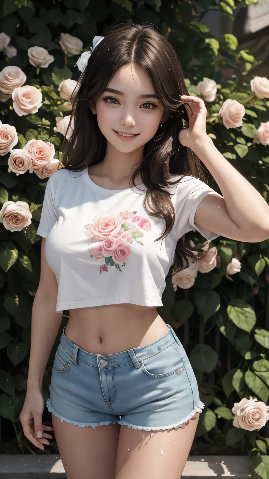 masterpiece, Young and beautiful girl, smile, Looking into the camera, Standing in front of a group of roses, Wearing shorts and a T-shirt, White sneakers. Wear a top and shorts, Flowers, Casual pose, Thin legs Dirty Body Upper Body Sweaty Big Breasts Expose Fluid from nipples Reverse Rape Slimy saliva Urinating Watching the audience Attractive body Muscular Spread your legs