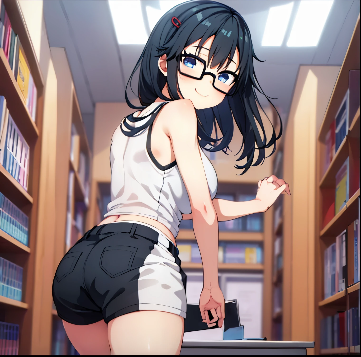 1girl,alone,sumireko sanshokuin,masterpiece,best quality,anime screenshot,black hair,red barrette,blue eyes,black glasses,medium hair,school,library,standing,good lighting,white shirt,tank shirt , cleavage, black shorts, short shorts, black shoes, embarrassed, seductive, smiling, closed mouth, sexy body, big breasts, medium waist, medium thighs, round butt, looking at the viewer, from behind, pov (from below)