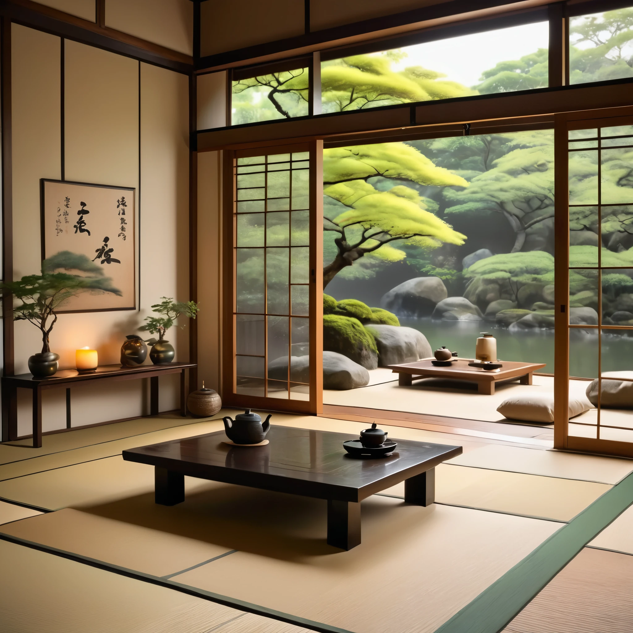 (best quality,4k,8k,highres,masterpiece:1.2),ultra-detailed,(realistic,photorealistic,photo-realistic:1.37),tatami-style living room,traditional Japanese architecture,serene atmosphere,wooden flooring,sliding doors,subtle natural light,floor cushions,low table,delicate paper lanterns,Japanese calligraphy scrolls,beautiful landscape paintings,soft color palette,smooth textures,zen-like ambience,delicate floral arrangements,quiet elegance,floating shelves with minimalist decor,Camellia flower motifs,tranquil water feature,distinctive tatami mats,authentic teapot and cups,peaceful and harmonious,rustic aesthetic,zen garden view,lush green plants,peaceful contemplation,clean and uncluttered space,serenity and simplicity,deep connection with nature,tranquility and balance,subtle blend of modern and traditional elements,inviting and relaxing ambiance,gentle presence of nature
