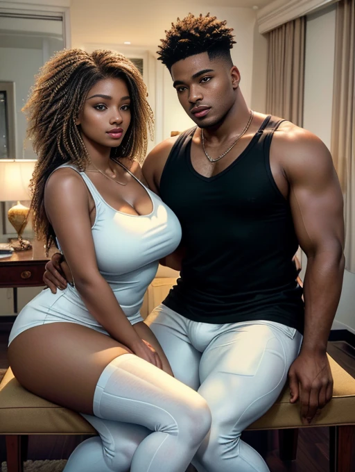 girl is curvy with thick thighs and wide hops, a big thick ass, massive ass, one guy with dark skin, Girl is sitting on guy's lap, guy sitting down, She is wearing short shorts, She is blushing and he is smirking, girl has blonde hair in a ponytail, his hand is on her hip