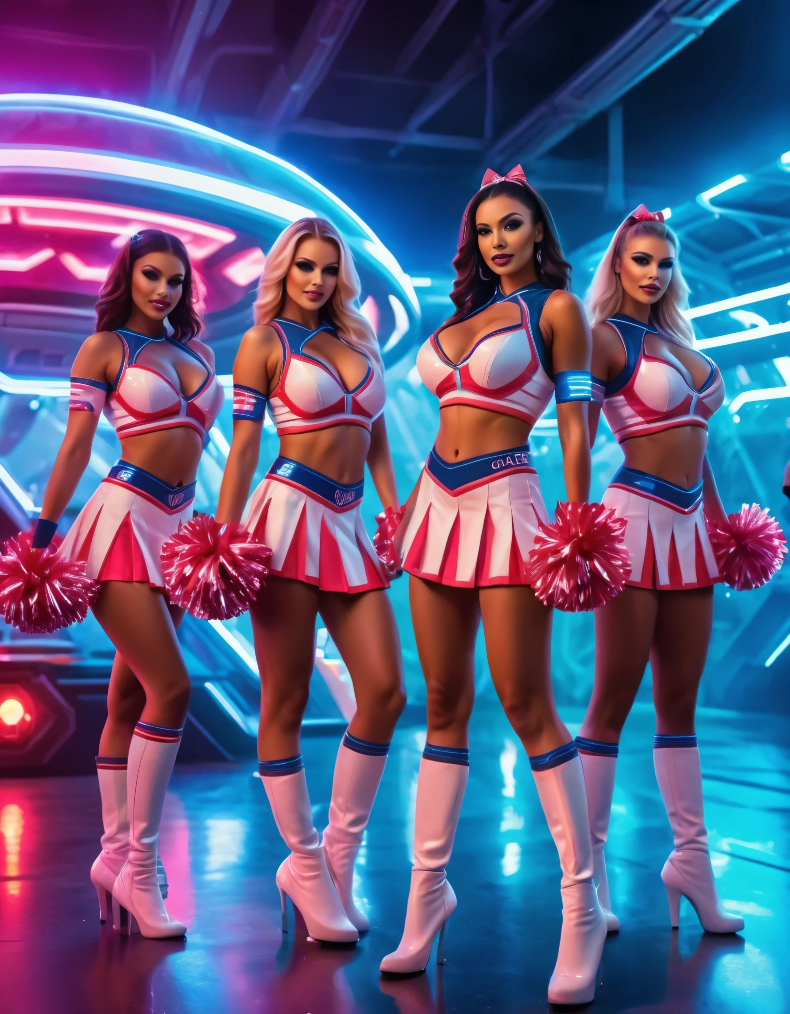 a sexy cheerleader squad at a futuristic sci-fi camp, wearing high-tech uniforms with neon lights, perfect detailed faces, perfect detailed hands, large breasts, vibrant colors, 8k, photo realistic, cinematic lighting, intricate details, dynamic poses, advanced technology, glowing neon, dramatic sci-fi background