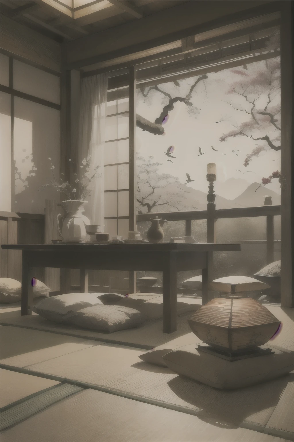 (masutepiece: 1.3), (max resolution: 1.2), (Ultra HDTV: 1.2), cinematographic light, 8K resolution, Detailed facial features and intricate details, Highly detailed wooden texture, Tatami mats with faint patterns, Shoji screens with translucent paper, Delicate ukiyo-e inspired paintings on walls, Steamed windows reflecting cherry blossoms outside, Cracks on old wooden beams adding character, Calm and tranquil atmosphere, Minimalist yet warm and cozy interior, Rice paper lanterns softly illuminating the room, Traditional Japanese tea set, Tatami floor cush
