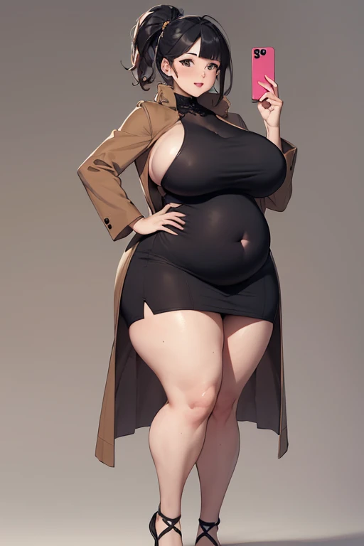 (((masterpiece))), ((best quality)),a woman in a black dress and brown coat posing for a picture, thicc, bbwchan, she has a jiggly fat round belly, full body portrait of a short!, thick body, large thighs, ross tran style, , heavy looking, fullbody commission for, (fat body),(giant belly), round tum, covering body, adult