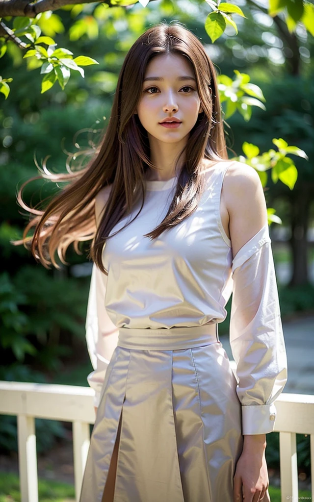 Shoulder-length straight hair swaying in the wind + dress shirts, Skirt,
(Raw photo, Best Quality), (Realistic, Photorealsitic:1.3), masterpiece, Extremely delicate and beautiful, Soft light, (Brown hair, Shoulder-length straight hair swaying in the wind), Beautiful detailed girl, (Detailed fingers), extremely detailed eye and face, beautiful detailed nose, Beautiful detailed eyes, 1 girl, Japanese, Neat and clean beauty, Cute, young, Smile, dress shirts, Skirt, (Half body:1.3), (medium breasts), Realistic face, Realistic body, Outdoors