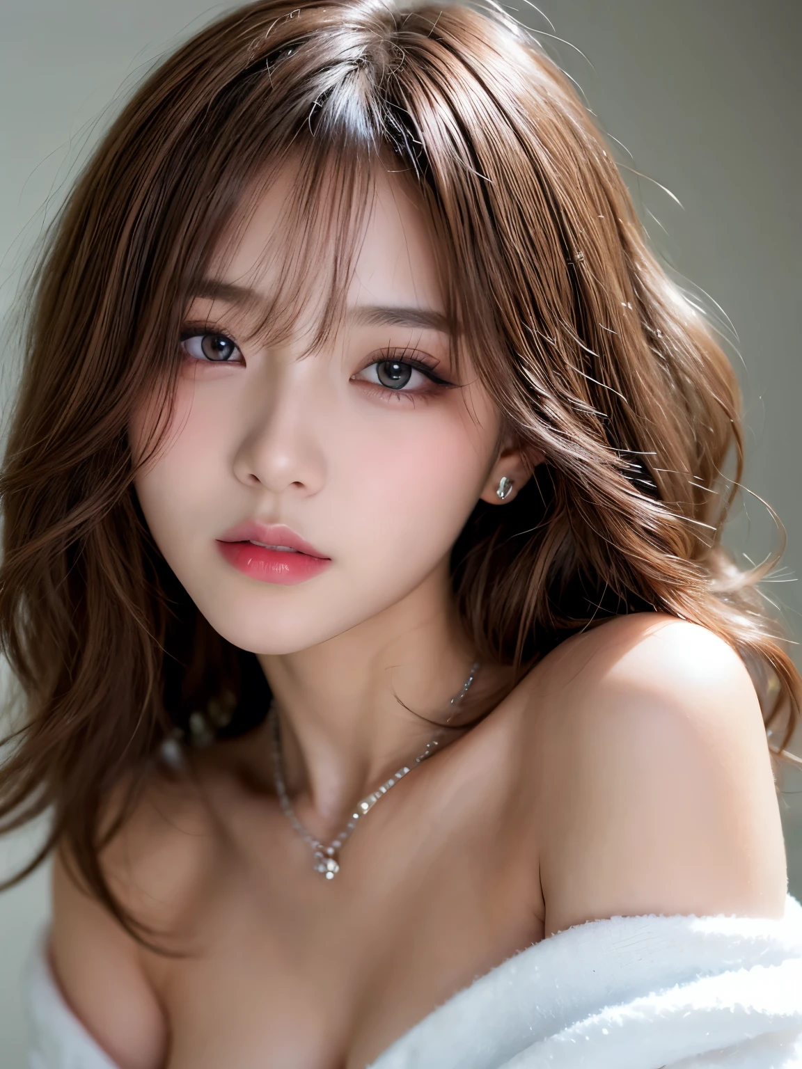 Canon RF85mmf/1.2,masterpiece,highest quality,Ultra-high resolution,VC,1 girl,(Korean mixed race,K-Pop Idols:1.2),alone,white_Shiny_skin,Iris,necklace,((Brown_length_Wavy_hair)),((pink_Shiny_lips)),eyelash,前hair,make,compensate,Shiny,pore,skin texture,bracelet,Off the shoulder,See through,Big Breasts