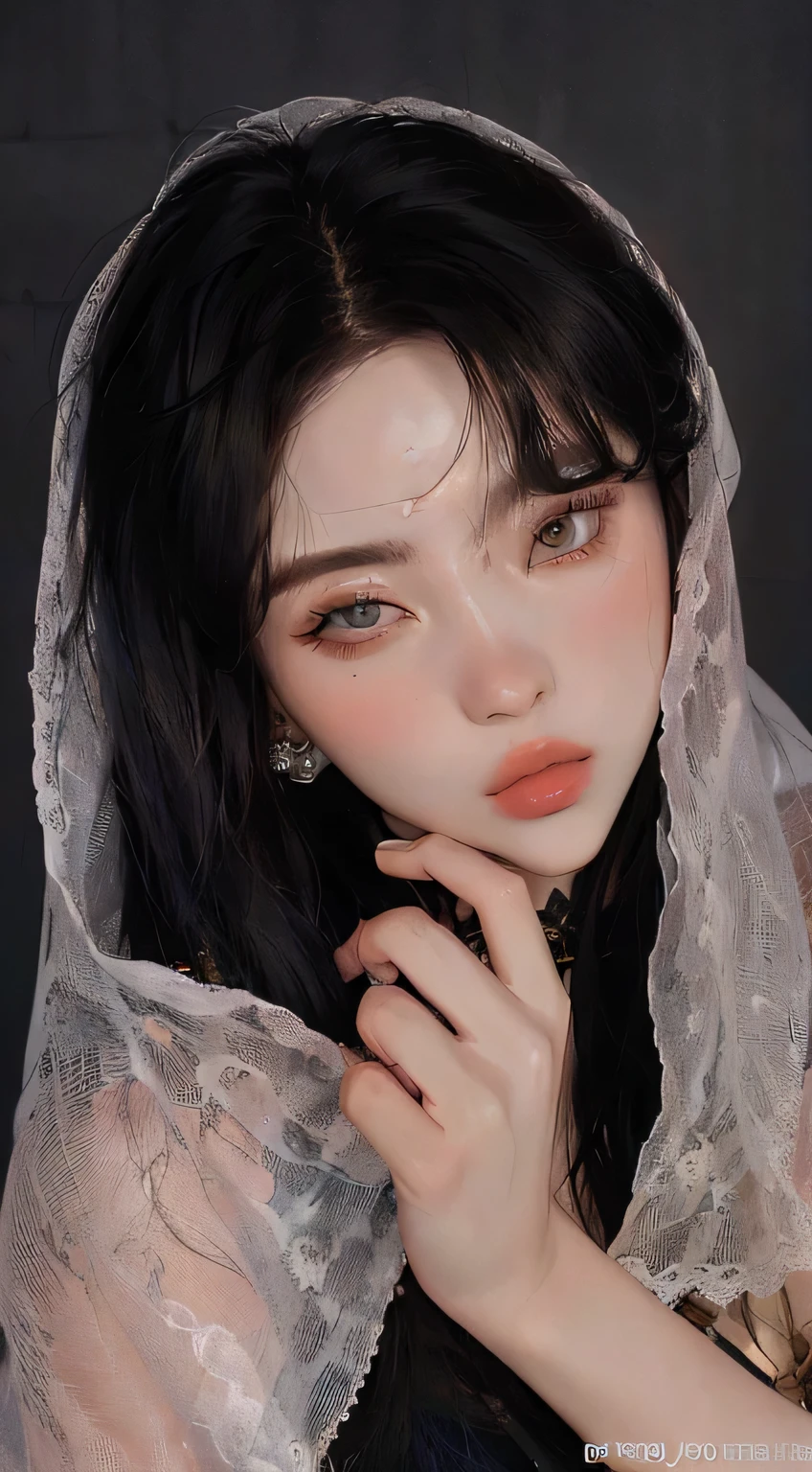 Mujer arafed con un velo en la cabeza y un anillo en el dedo., ulzzang, maquillaje popular de corea del sur, jinyoung shin, Maquillaje coreano popular, pale round face, pale, snow-white skin, pale, shiny skin, beautiful pale makeup, ethereal beauty, Heonhwa Choe, Guweiz, sakimichan, pale and beautiful skin, rasgos de la cara coreana