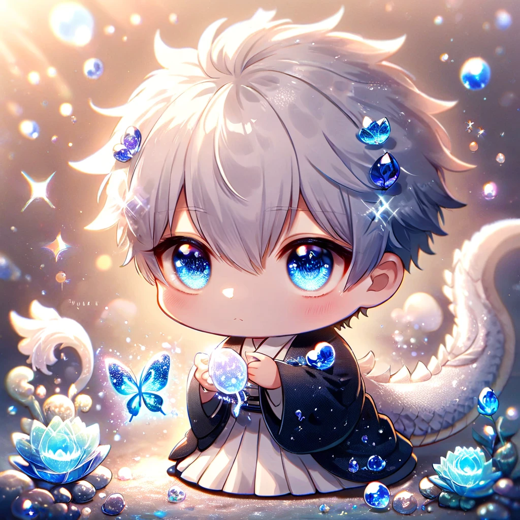 (absurdres, highres, ultra detailed, HDR) master piece, best quality, Gojo Satoru chibi, white hair, with bangs, hair between the eyes, expressive blue eyes, white eyelashes, Jujutsu Kaisen, solo, together with a chibi white dragon, black haori, white kimono with accessories, jewelry, patterns, magical fantasy, blue butterflies, glittering, sparkling, blue lilies, petals, radiant