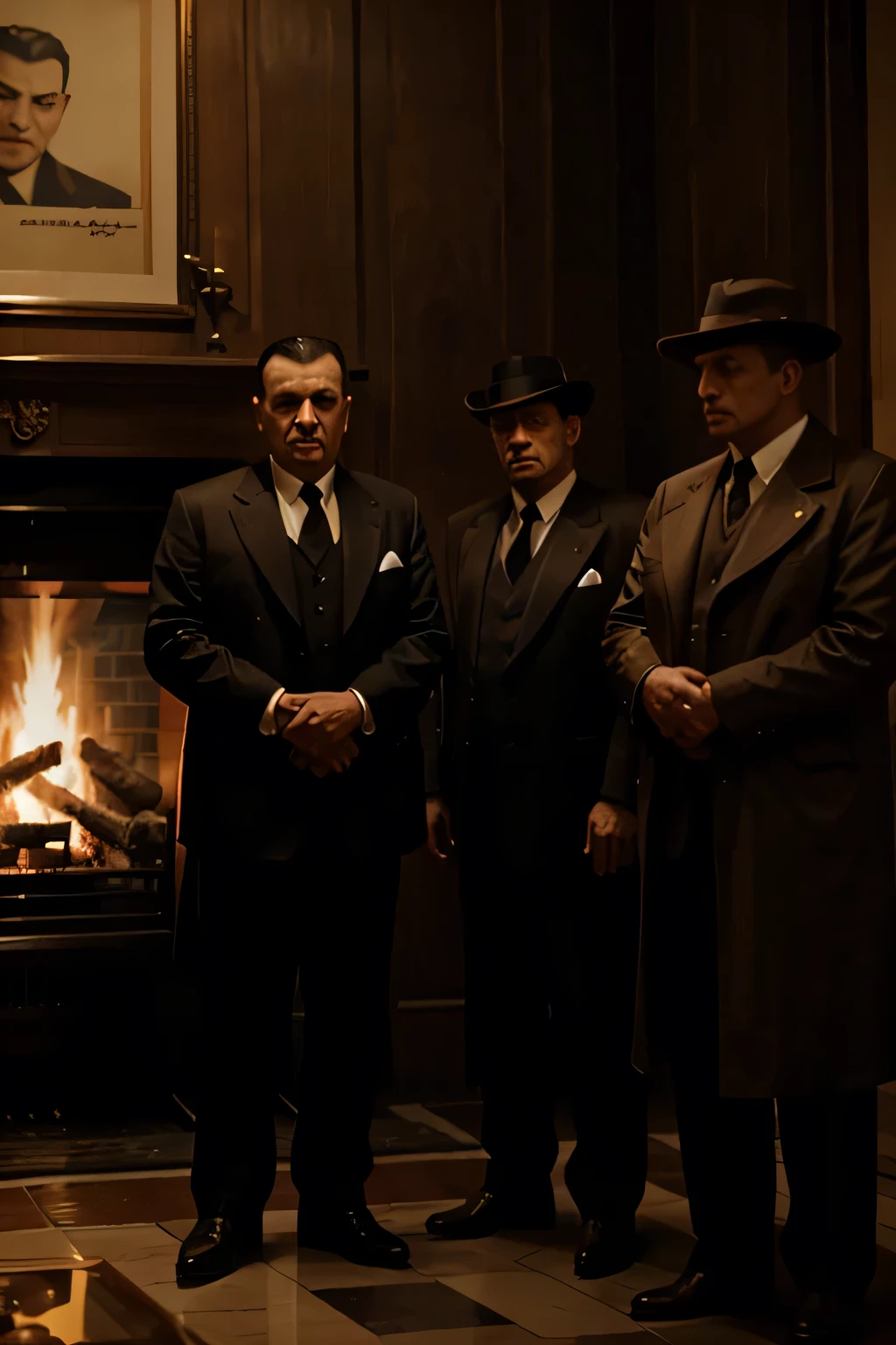 a group of mafiosi standing in front of a fireplace, 1940s atmosphere