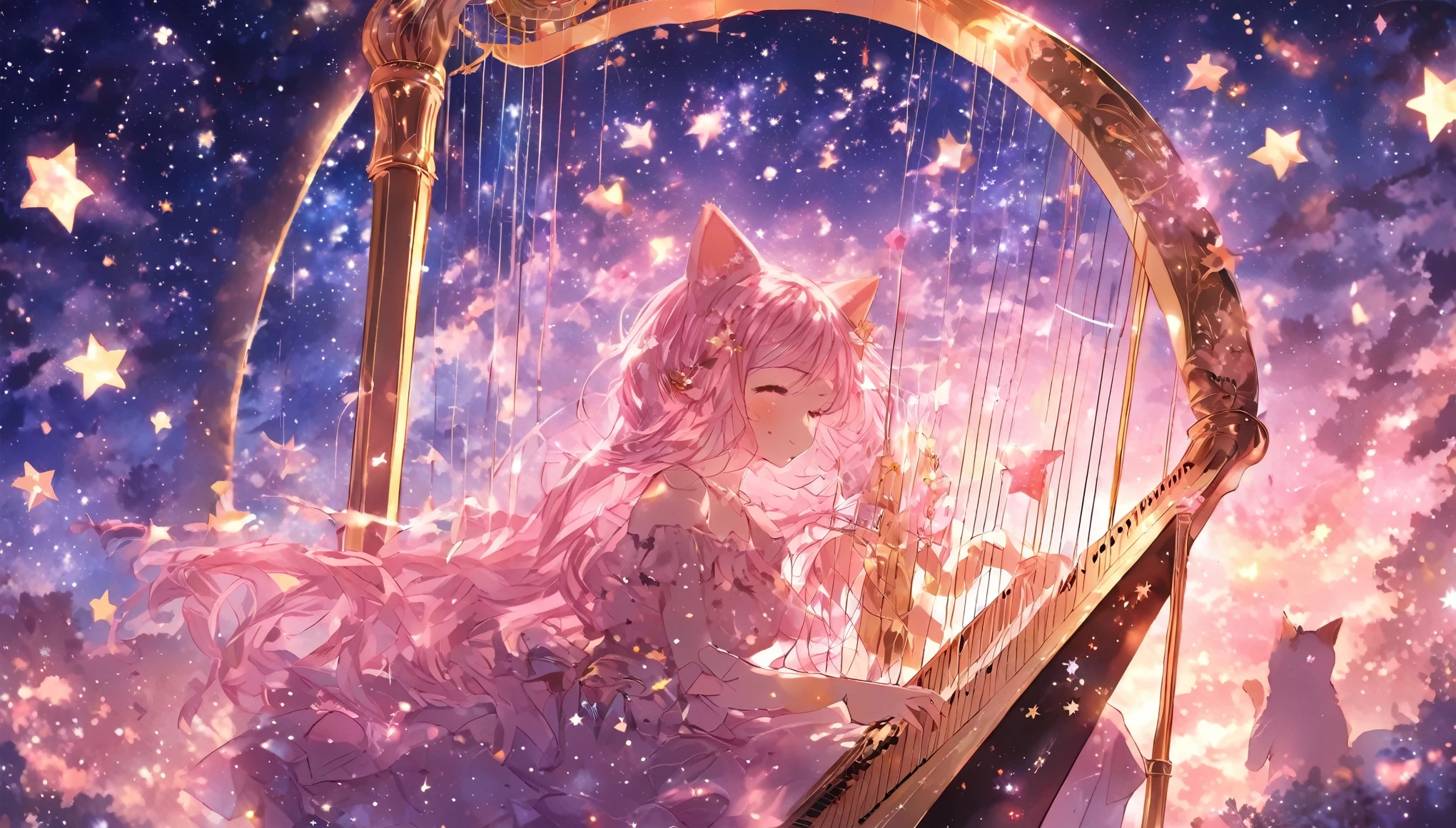 picture a scene of a girl playing the harp with stars in the sky. Anime, pink hair, cat ears. That's her charm.