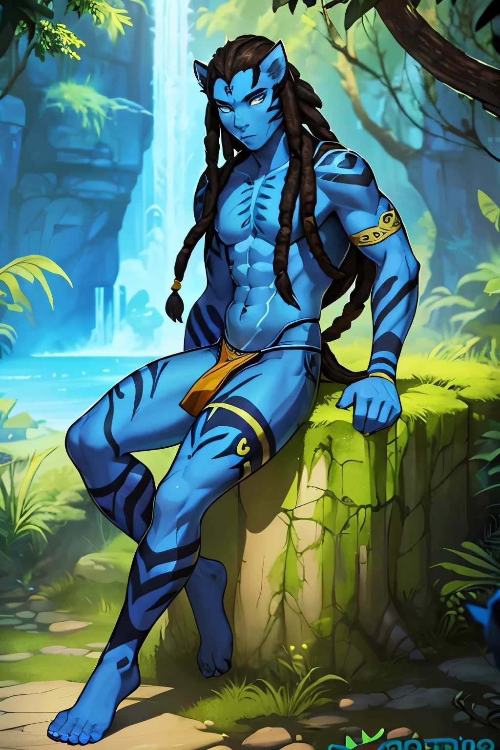 Avatar, male Na'Vi, humanoid, alien, with blue skin, athletic, Pandora, loincloth, stripes, femboy, barefoot, long wild dreadlocks, panther, shaman, long leonine tail, savage