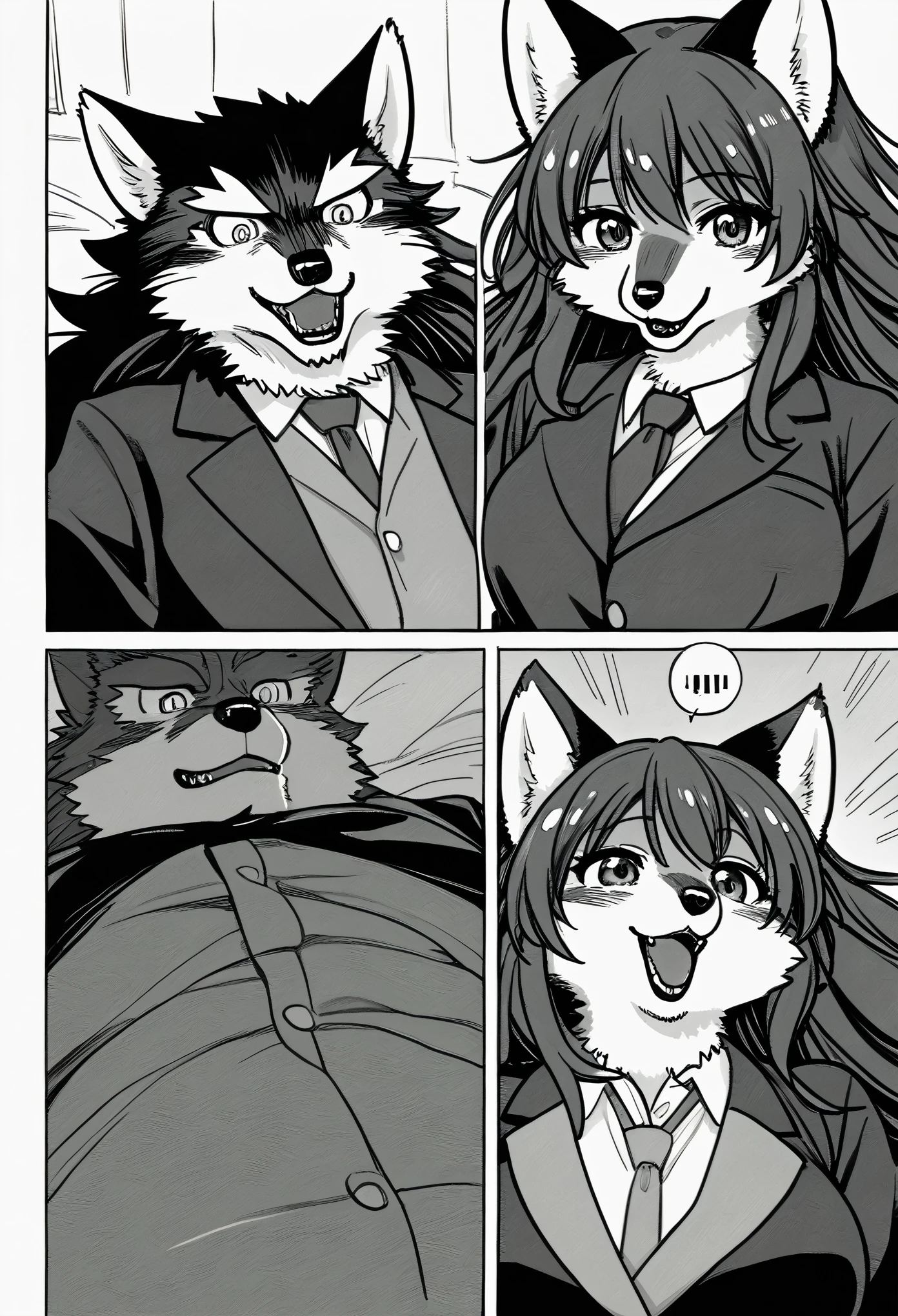 top quality, best quality, highres, unparalleled masterpiece, perfect artwork, paid reward available, indoor, couple of comics(super cute 1girl, 1wolf, kemono, furry anthro)tumblr, sosaku hanga, black and white manga page, manga page, doujin, ddlc, anime, comedy comic, black and white manga panel, zerochan,