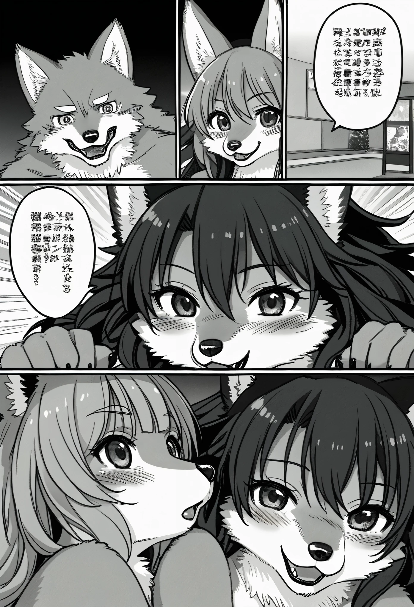 top quality, best quality, highres, unparalleled masterpiece, perfect artwork, paid reward available, indoor, couple of comics(super cute 1girl, 1wolf, kemono, furry anthro)tumblr, sosaku hanga, black and white manga page, manga page, doujin, ddlc, anime, comedy comic, black and white manga panel, zerochan,