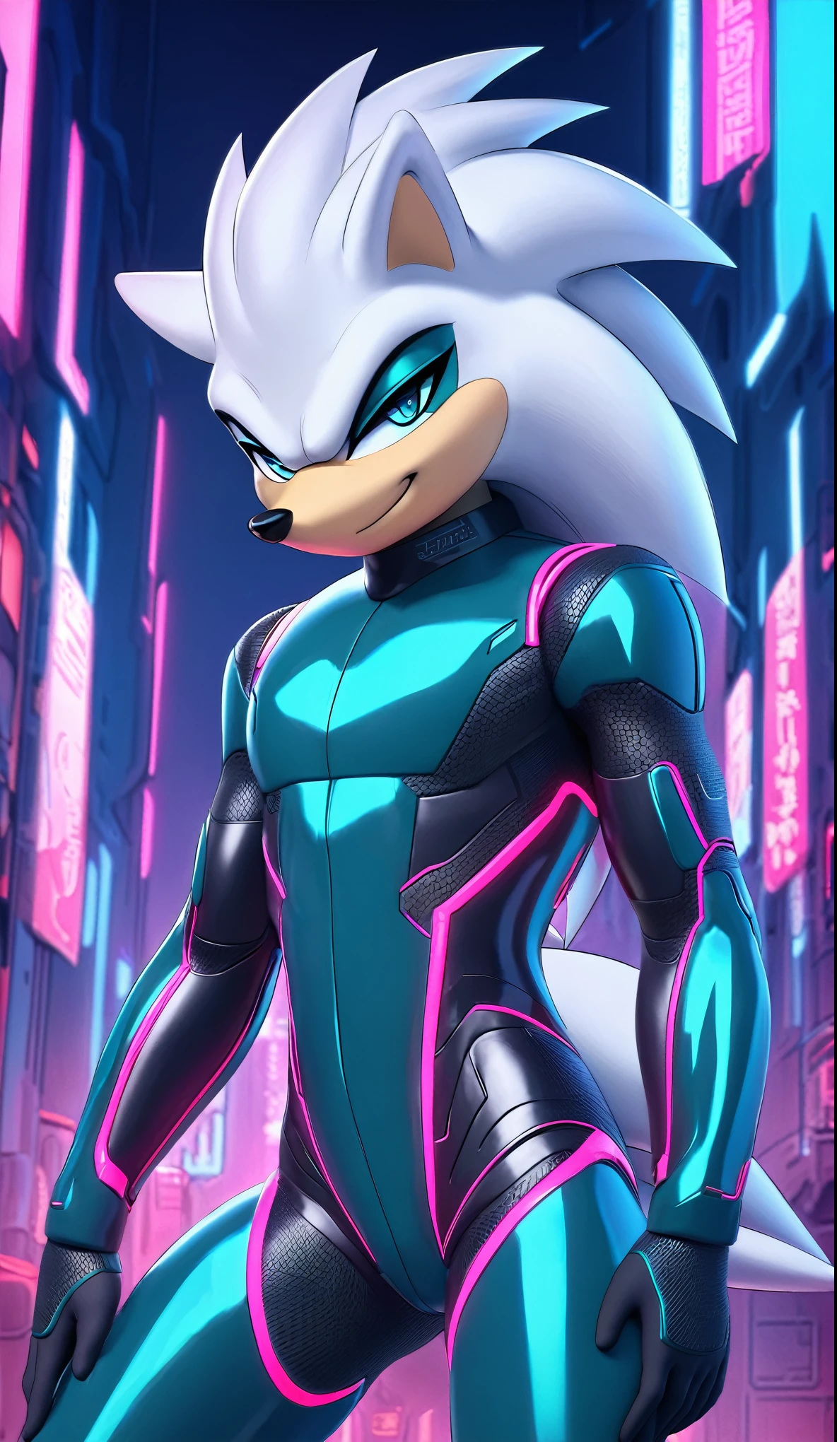 (((masterpiece:1.5, 4K, 8K))), a full body high quality digitally drawn rendered image ((by SEGA)) of A solo male anthro ((silver—white hedgehog)), with glowing blue eyes, ((metallic blue eyeliner:1.5)), (((tan muzzle))), wearing a (((sci-fi bodysuit))) stands in a neon-lit cyberpunk city The android's bodysuit is adorned with (((teal coloring:1.5))) with (((neon pink accents))), and intricate android seams, creating a futuristic look. the android has a seductive smirk on his face