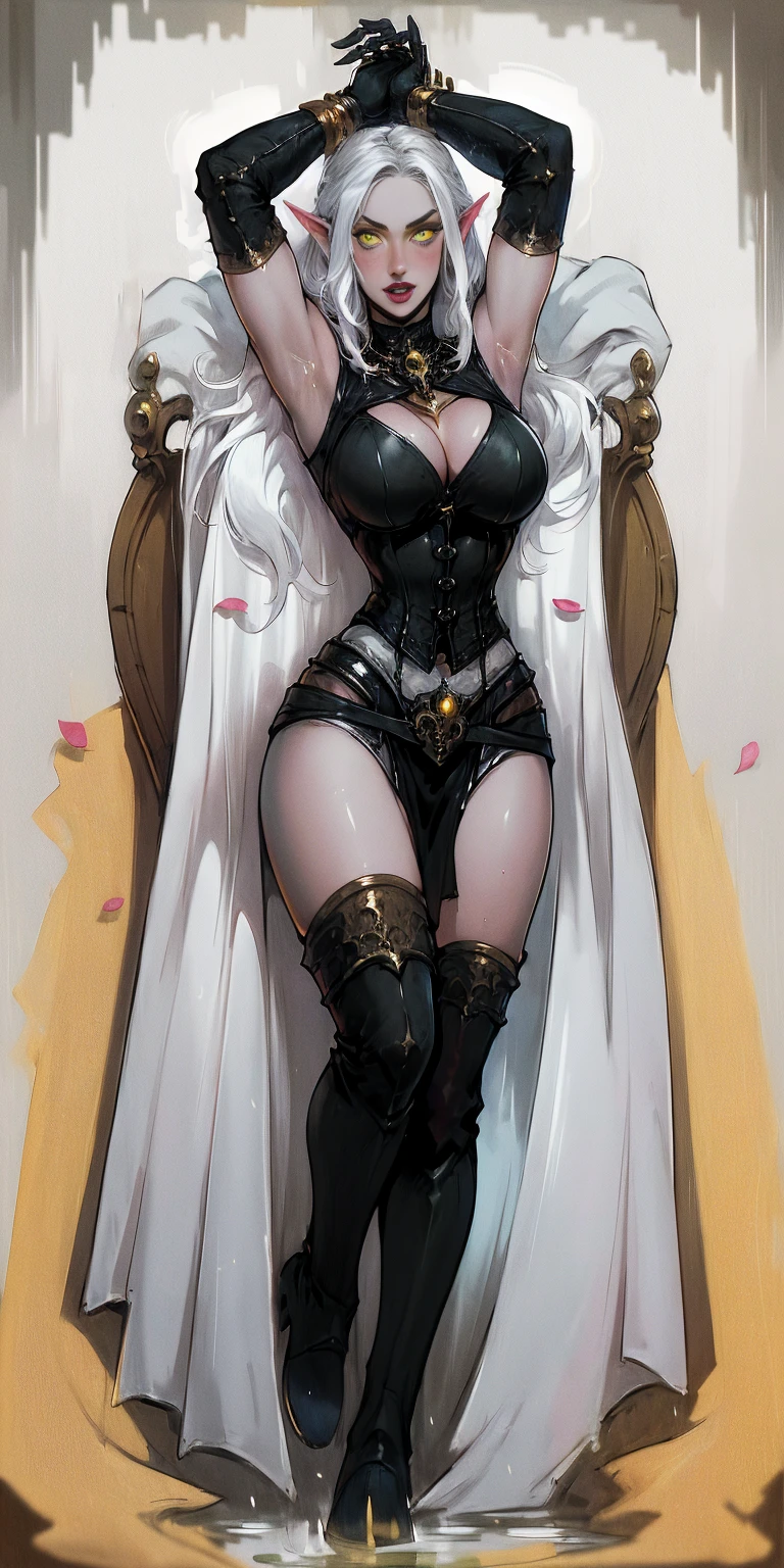 (((masterpiece,high resolution,best quality))), 1girl, solo,wine bottle,bare legs, large breasts, lying, on back, petals, looking at viewer, armpits, open mouth, solo, blush, wet clothes, heart, arms up, wet, bed sheet, origin, 1girl, red cape, boots, gloves, epaulettes, black corset, corset, black gloves, :d, black skirt, Pirotess, (yellow eyes), white hair, silver hair, very long hair, straight hair, solo, adult woman, tall, slightly muscular, large breasted, cleavage, constricted waist, Toned body, slight abs, thin dark skin, pointy ears, lipstick, makeup, black eyeshadow, circlet, white short dress, jewelry, bracelet, white gloves, thigh boots
