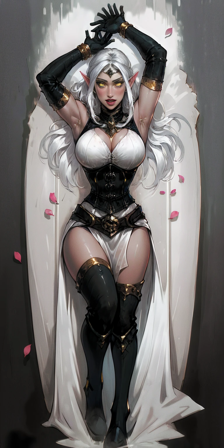 (((masterpiece,high resolution,best quality))), 1girl, solo,wine bottle,bare legs, large breasts, lying, on back, petals, looking at viewer, armpits, open mouth, solo, blush, wet clothes, heart, arms up, wet, bed sheet, origin, 1girl, red cape, boots, gloves, epaulettes, black corset, corset, black gloves, :d, black skirt, Pirotess, (yellow eyes), white hair, silver hair, very long hair, straight hair, solo, adult woman, tall, slightly muscular, large breasted, cleavage, constricted waist, Toned body, slight abs, thin dark skin, pointy ears, lipstick, makeup, black eyeshadow, circlet, white short dress, jewelry, bracelet, white gloves, thigh boots