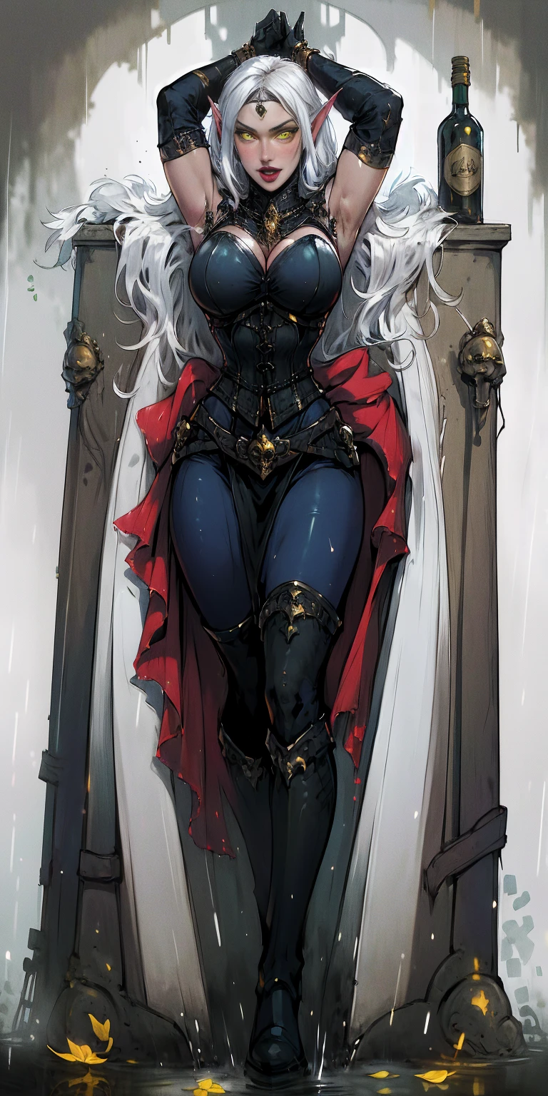 (((masterpiece,high resolution,best quality))), 1girl, solo,wine bottle,bare legs, large breasts, lying, on back, petals, looking at viewer, armpits, open mouth, solo, blush, wet clothes, heart, arms up, wet, bed sheet, origin, 1girl, red cape, boots, gloves, epaulettes, black corset, corset, black gloves, :d, black skirt, Pirotess, (yellow eyes), white hair, silver hair, very long hair, straight hair, solo, adult woman, tall, slightly muscular, large breasted, cleavage, constricted waist, Toned body, slight abs, thin dark skin, pointy ears, lipstick, makeup, black eyeshadow, circlet, white short dress, jewelry, bracelet, white gloves, thigh boots