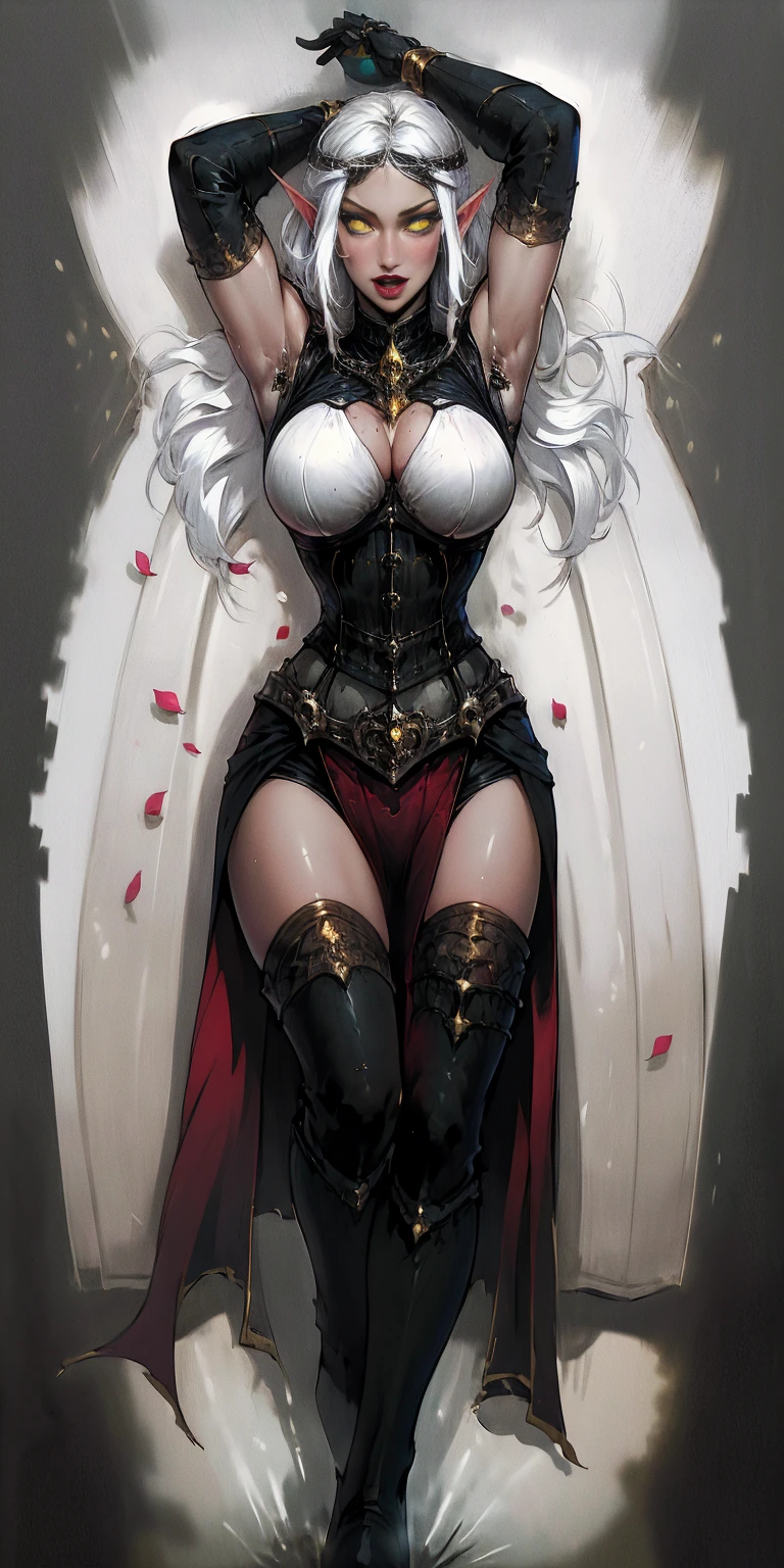 (((masterpiece,high resolution,best quality))), 1girl, solo,wine bottle,bare legs, large breasts, lying, on back, petals, looking at viewer, armpits, open mouth, solo, blush, wet clothes, heart, arms up, wet, bed sheet, origin, 1girl, red cape, boots, gloves, epaulettes, black corset, corset, black gloves, :d, black skirt, Pirotess, (yellow eyes), white hair, silver hair, very long hair, straight hair, solo, adult woman, tall, slightly muscular, large breasted, cleavage, constricted waist, Toned body, slight abs, thin dark skin, pointy ears, lipstick, makeup, black eyeshadow, circlet, white short dress, jewelry, bracelet, white gloves, thigh boots