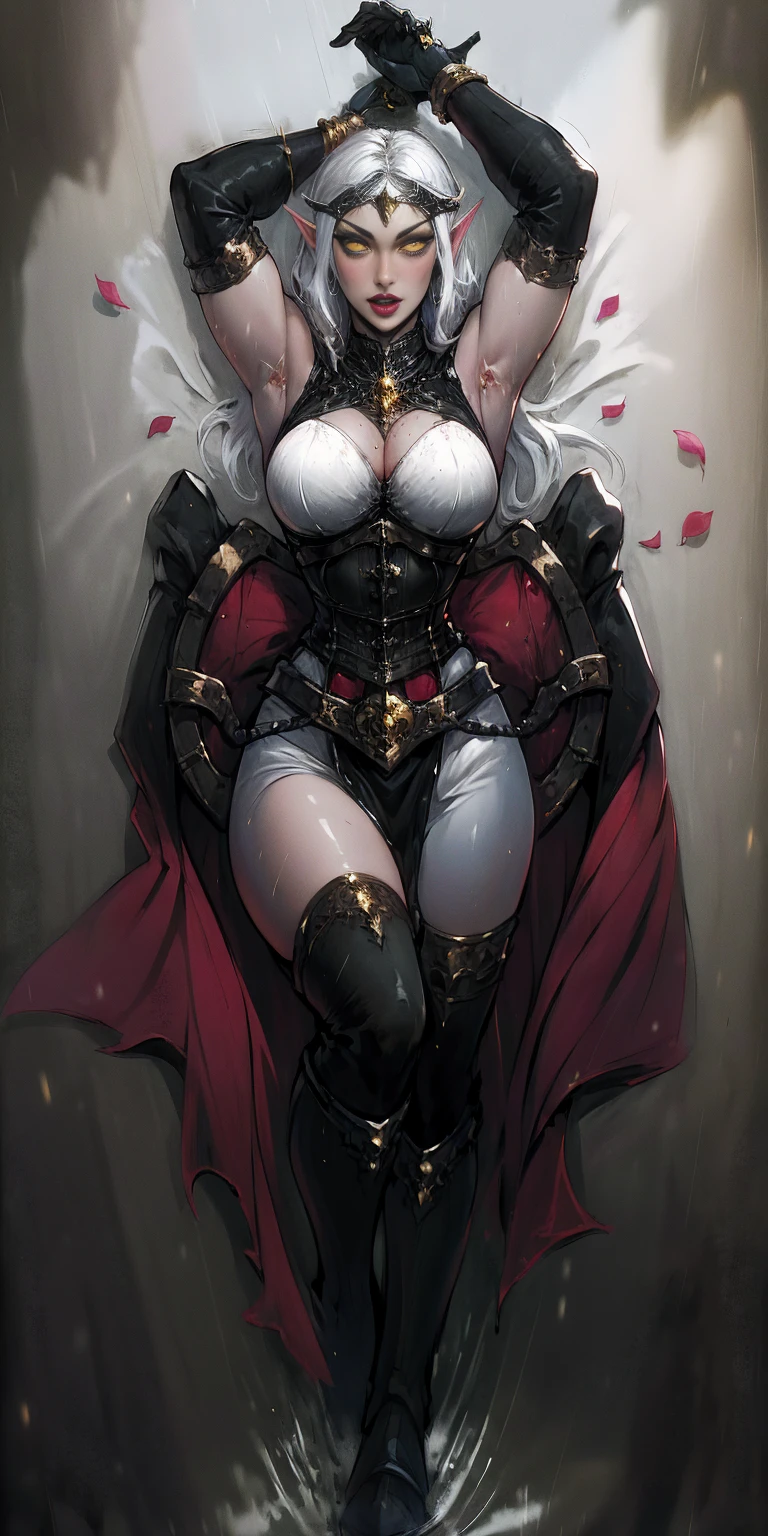 (((masterpiece,high resolution,best quality))), 1girl, solo,wine bottle,bare legs, large breasts, lying, on back, petals, looking at viewer, armpits, open mouth, solo, blush, wet clothes, heart, arms up, wet, bed sheet, origin, 1girl, red cape, boots, gloves, epaulettes, black corset, corset, black gloves, :d, black skirt, Pirotess, (yellow eyes), white hair, silver hair, very long hair, straight hair, solo, adult woman, tall, slightly muscular, large breasted, cleavage, constricted waist, Toned body, slight abs, thin dark skin, pointy ears, lipstick, makeup, black eyeshadow, circlet, white short dress, jewelry, bracelet, white gloves, thigh boots