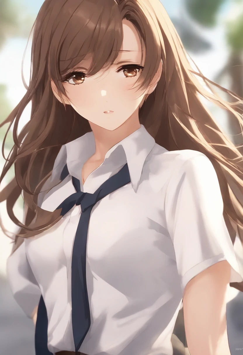 Anime - style image of a character with long brown hair, estilo de anime, hoja de referencia de personajes de anime, Uniforme de profesora camiseta blanca formal y pantalon formal para trabajar, estilo anime plano, anime lleno cuerpo illustration, lleno_cuerpo!!, complete detailed cuerpo, extra detailed cuerpo, anime vtuber lleno cuerpo model, Soft anime illustration, personaje de estilo anime, estilo anime limpio y detallado, que no se vea su estomago