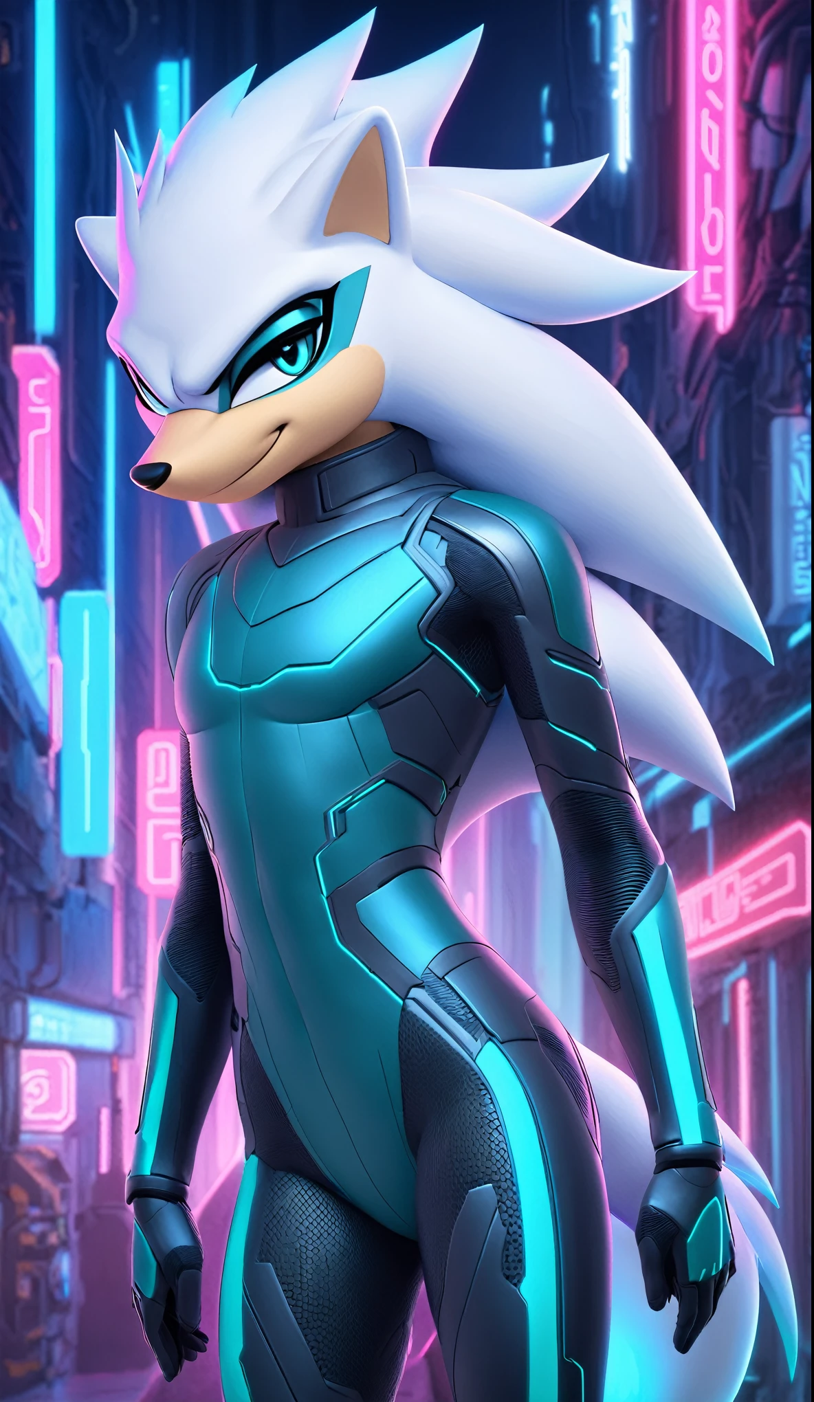 (((masterpiece:1.5, 4K, 8K))), a full body high quality digitally drawn rendered image ((by SEGA)) of A solo male anthro ((silver—white hedgehog)), with glowing blue eyes, ((metallic blue eyeliner:1.5)), (((tan muzzle))), wearing a (((sci-fi bodysuit))) stands in a neon-lit cyberpunk city The android's bodysuit is adorned with (((teal coloring:1.5))) with (((neon pink))) accents and intricate android seams, creating a futuristic look. the android has a seductive smirk on his face