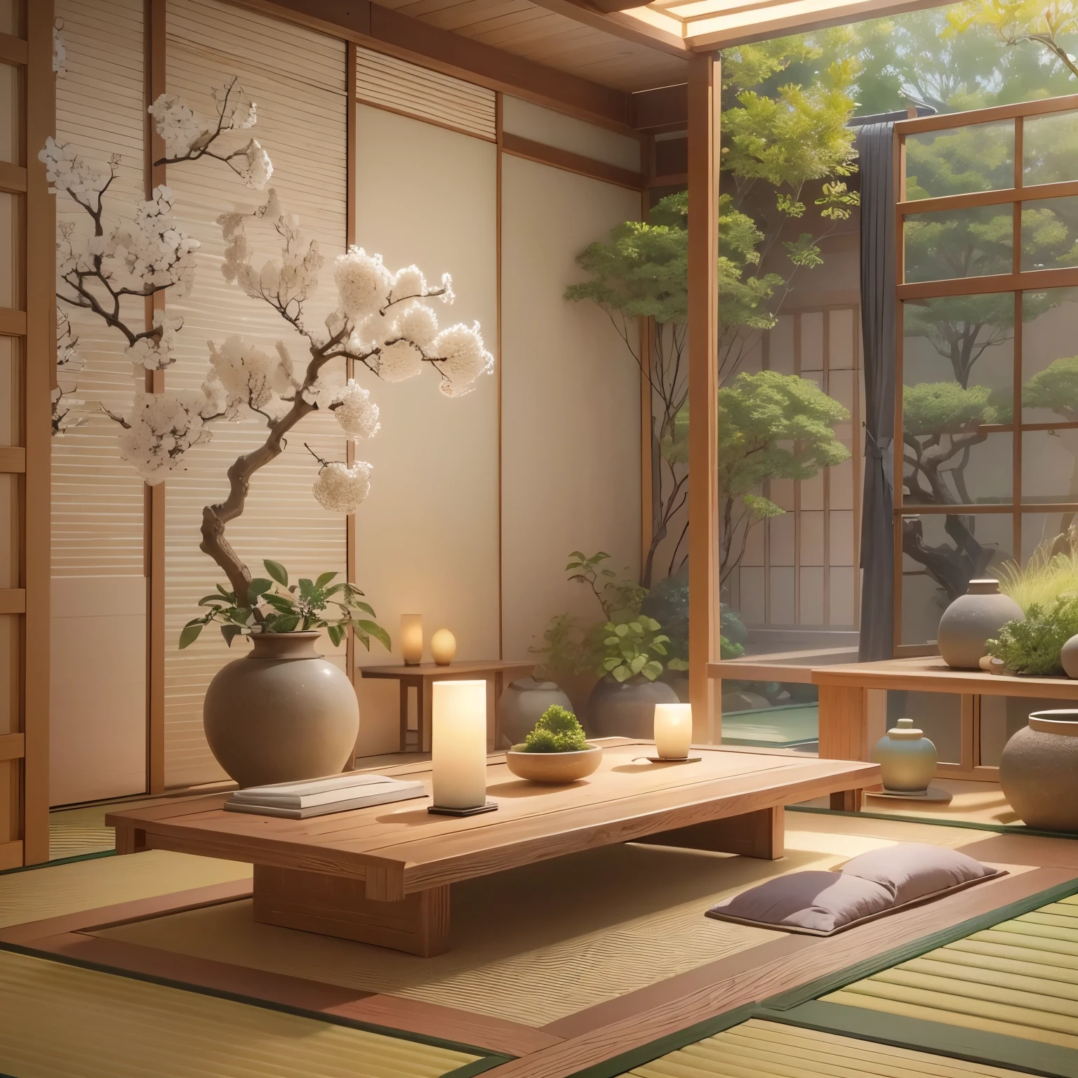 (best quality,4K,8k,high resolution,masterpiece:1.2),Super detailed,(actual,photoactual,photo-actual:1.37),Tatami style living room,traditional Japanese building,peaceful atmosphere,wooden floor,Sliding doors,subtle natural light,floor mats,Low table,exquisite paper lanterns,Japanese calligraphy scroll,Beautiful landscape painting,pastel color palette,Smooth texture,Zen-like atmosphere,Delicate flower arrangement,Quiet and elegant,floating shelf with minimalist decor,Camellia pattern,Peaceful water features,Unique tatami,Authentic teapots and cups,Peace and harmony,rustic aesthetic,Zen garden landscape,Lush green plants,calm contemplation,Clean and tidy space,Tranquility and simplicity,A deep connection with nature,Tranquility and balance,A clever blend of modern and traditional elements,Warm and relaxing atmosphere,The gentle presence of nature