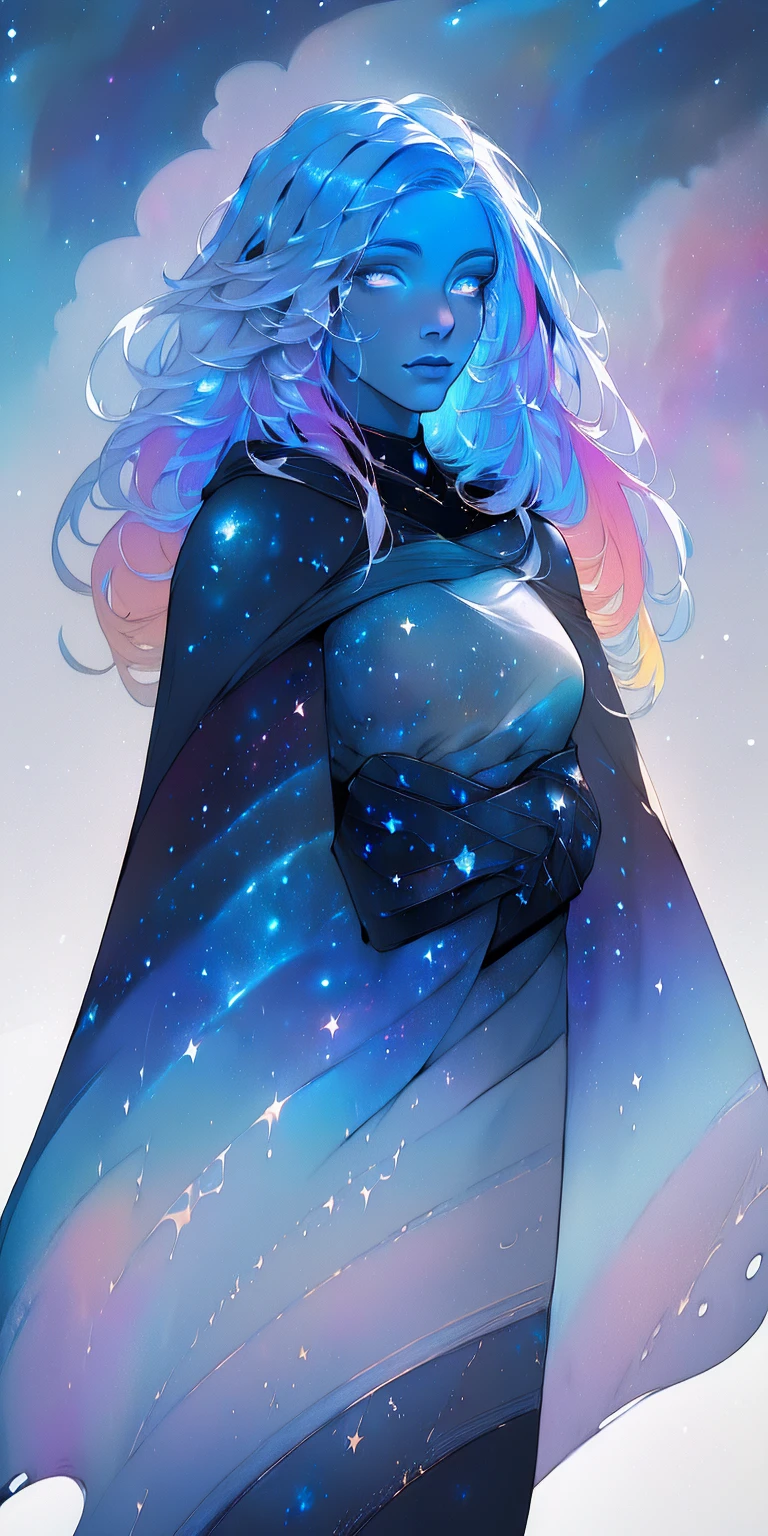 ((masterpiece)) (((best quality))) ((ultra-detailed)) ((illustration)) [realism light effect] shadow (Fantasy style) (white background:1.6) simple background (earth theme),(a cloak)[(hair focus ((1girl)) [(big slime hair): (cloud hair):0.3] (hair on background) (high saturation) (hair surrounded by galaxy splashes) ((her hair is becoming galaxy clouds:1.27628) (hair and clothes is galaxy clouds and cluster of stars:1.1025) (a cloak is becoming galaxy clouds)(colorful_galaxy_print_clusters_of_stars_print:1.35) ((detailed starry sky with colorful galaxy and galaxy clouds):1.2)):0.35] (((masterpiece))) (((best quality))) ((ultra-detailed)) (illustration) (dynamic angle),((floating)) (paint) ((disheveled hair)) ((beautiful detailed face)) collar, bare shoulders ((colorful hair)) ((streaked hair)) beautiful detailed eyes (Gradient color eyes) (((colorful eyes))) (((colorful background))) (((high saturation))) (((surrounded by colorful splashes))) (((surrounded by colorful dot))) colorful bubble ((shining))
