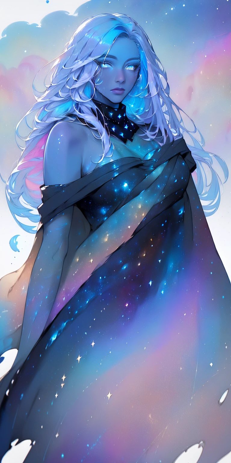 ((masterpiece)) (((best quality))) ((ultra-detailed)) ((illustration)) [realism light effect] shadow (Fantasy style) (white background:1.6) simple background (earth theme),(a cloak)[(hair focus ((1girl)) [(big slime hair): (cloud hair):0.3] (hair on background) (high saturation) (hair surrounded by galaxy splashes) ((her hair is becoming galaxy clouds:1.27628) (hair and clothes is galaxy clouds and cluster of stars:1.1025) (a cloak is becoming galaxy clouds)(colorful_galaxy_print_clusters_of_stars_print:1.35) ((detailed starry sky with colorful galaxy and galaxy clouds):1.2)):0.35] (((masterpiece))) (((best quality))) ((ultra-detailed)) (illustration) (dynamic angle),((floating)) (paint) ((disheveled hair)) ((beautiful detailed face)) collar, bare shoulders ((colorful hair)) ((streaked hair)) beautiful detailed eyes (Gradient color eyes) (((colorful eyes))) (((colorful background))) (((high saturation))) (((surrounded by colorful splashes))) (((surrounded by colorful dot))) colorful bubble ((shining))