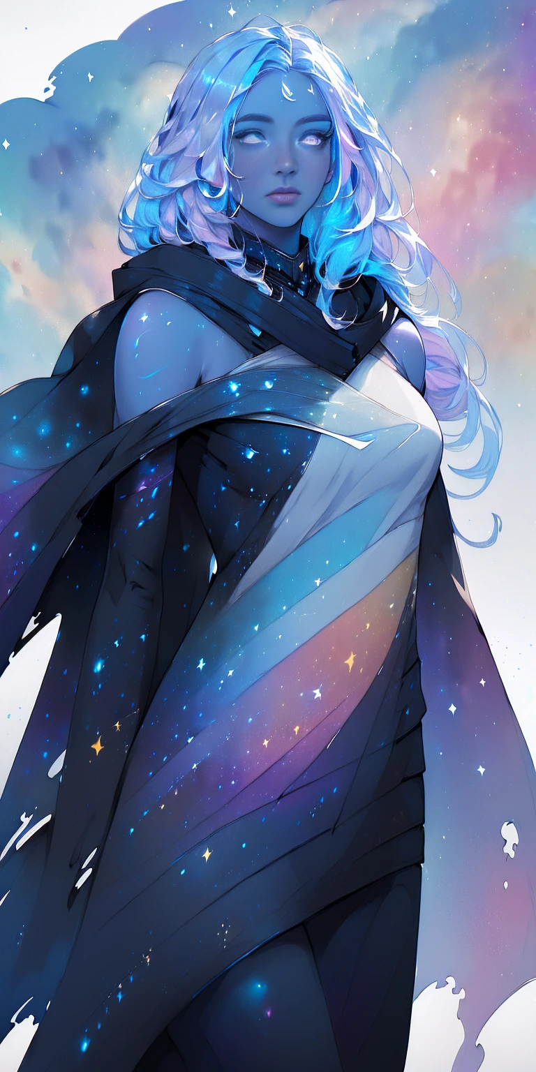 ((masterpiece)) (((best quality))) ((ultra-detailed)) ((illustration)) [realism light effect] shadow (Fantasy style) (white background:1.6) simple background (earth theme),(a cloak)[(hair focus ((1girl)) [(big slime hair): (cloud hair):0.3] (hair on background) (high saturation) (hair surrounded by galaxy splashes) ((her hair is becoming galaxy clouds:1.27628) (hair and clothes is galaxy clouds and cluster of stars:1.1025) (a cloak is becoming galaxy clouds)(colorful_galaxy_print_clusters_of_stars_print:1.35) ((detailed starry sky with colorful galaxy and galaxy clouds):1.2)):0.35] (((masterpiece))) (((best quality))) ((ultra-detailed)) (illustration) (dynamic angle),((floating)) (paint) ((disheveled hair)) ((beautiful detailed face)) collar, bare shoulders ((colorful hair)) ((streaked hair)) beautiful detailed eyes (Gradient color eyes) (((colorful eyes))) (((colorful background))) (((high saturation))) (((surrounded by colorful splashes))) (((surrounded by colorful dot))) colorful bubble ((shining))