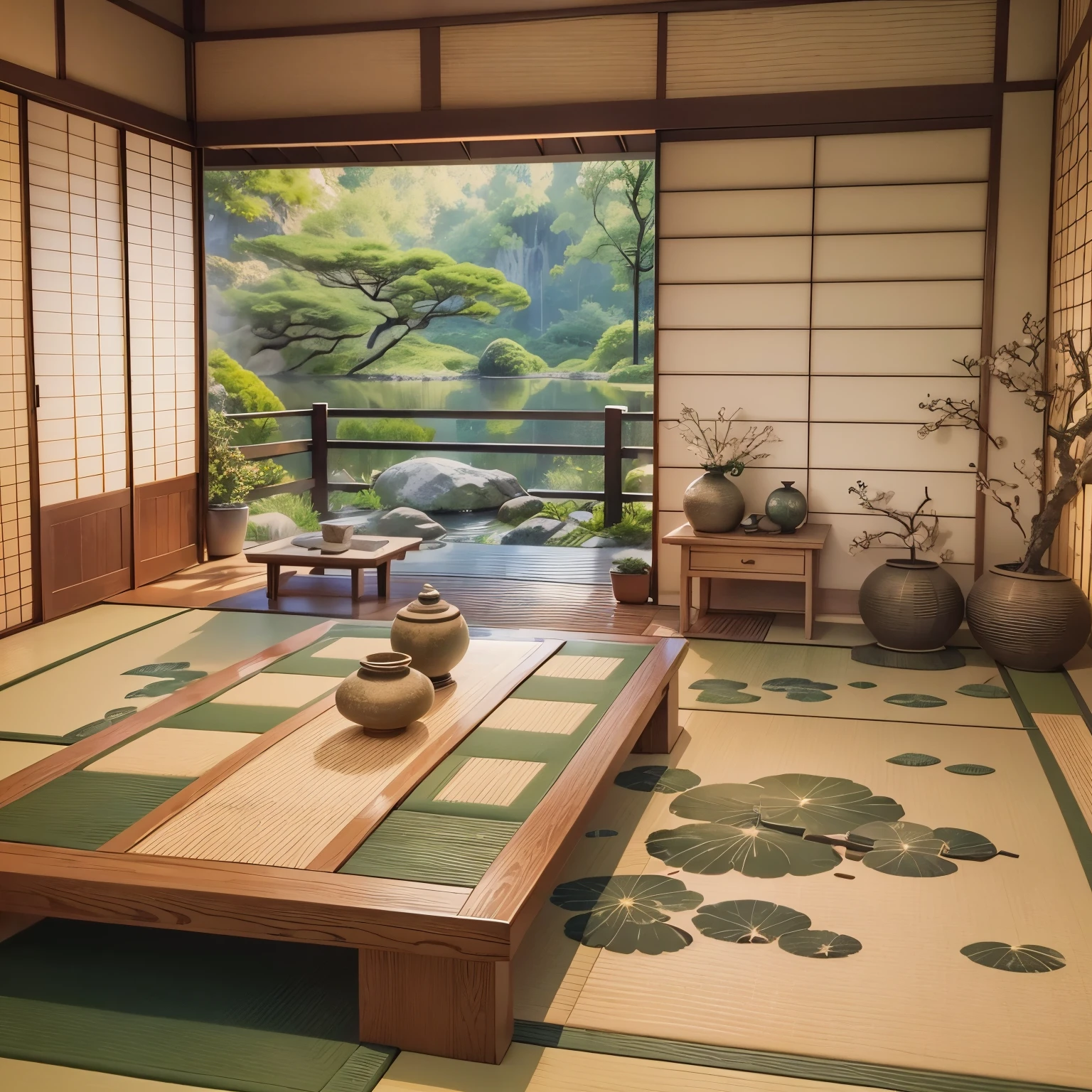 (best quality,4K,8k,high resolution,masterpiece:1.2),Super detailed,(actual,photoactual,photo-actual:1.37),Tatami style living room,traditional Japanese building,peaceful atmosphere,wooden floor,Sliding doors,subtle natural light,floor mats,Low table,exquisite paper lanterns,Japanese calligraphy scroll,Beautiful landscape painting,pastel color palette,Smooth texture,Zen-like atmosphere,Delicate flower arrangement,Quiet and elegant,floating shelf with minimalist decor,Camellia pattern,Peaceful water features,Unique tatami,Authentic teapots and cups,Peace and harmony,rustic aesthetic,Zen garden landscape,Lush green plants,calm contemplation,Clean and tidy space,Tranquility and simplicity,A deep connection with nature,Tranquility and balance,A clever blend of modern and traditional elements,Warm and relaxing atmosphere,The gentle presence of nature