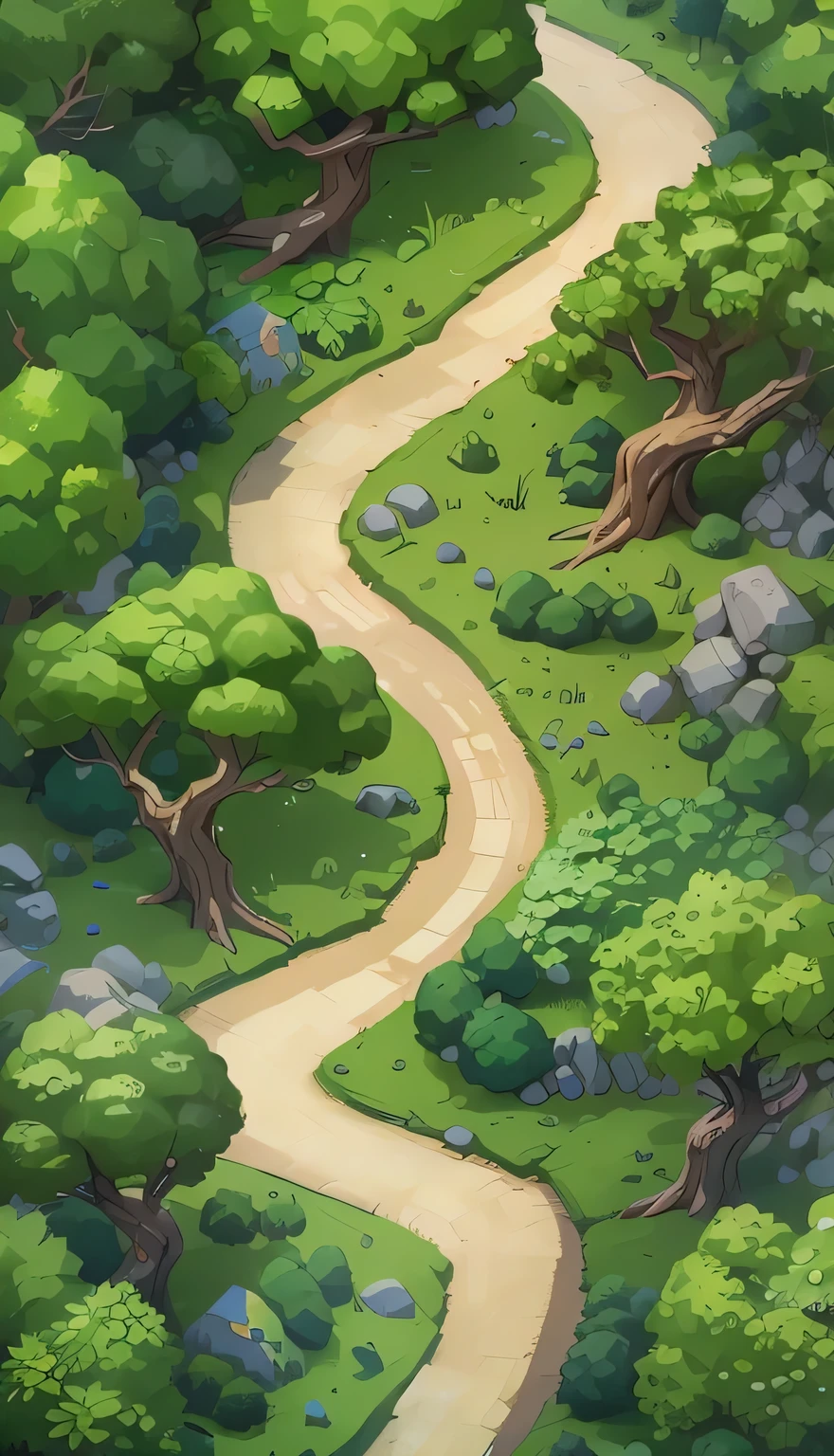 Forest scene,There is a clear path in the middle,Vertical Image,Cartoon,Isometric 2D Game Art, masterpiece, Super detailed good quality