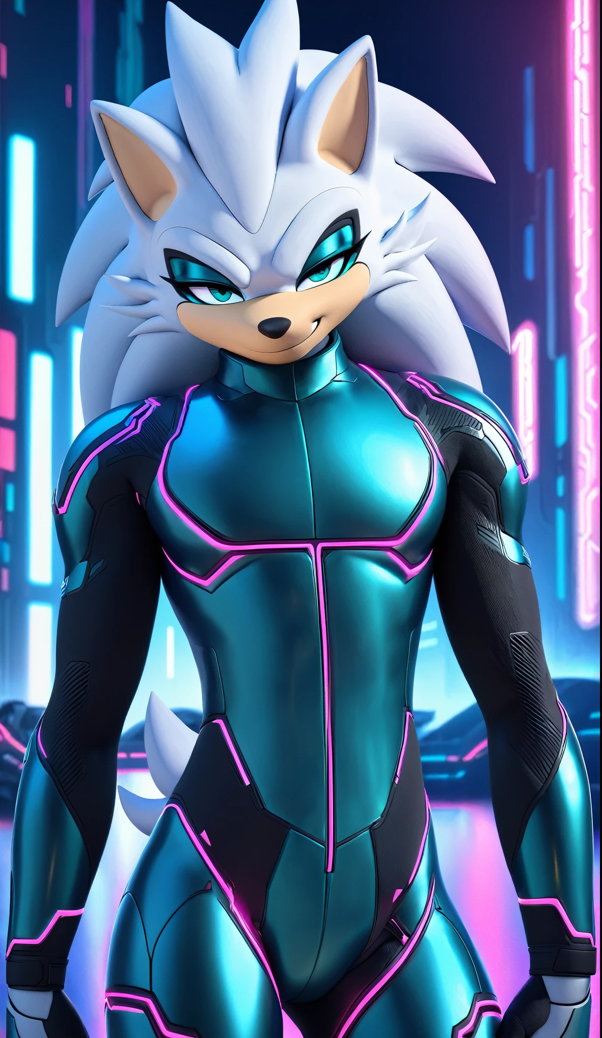 (((masterpiece:1.5, 4K, 8K))), a full body high quality digitally drawn rendered image ((by SEGA)) of A solo male anthro ((silver—white hedgehog)), with glowing blue eyes, ((metallic blue eyeliner:1.5)), (((tan muzzle))), wearing a (((sci-fi bodysuit))) stands in a neon-lit cyberpunk city The android's bodysuit is adorned with (((metallic teal coloring:1.5))) with (((neon pink and black accents))), and intricate android seams, creating a futuristic look. the android has a seductive smirk on his face