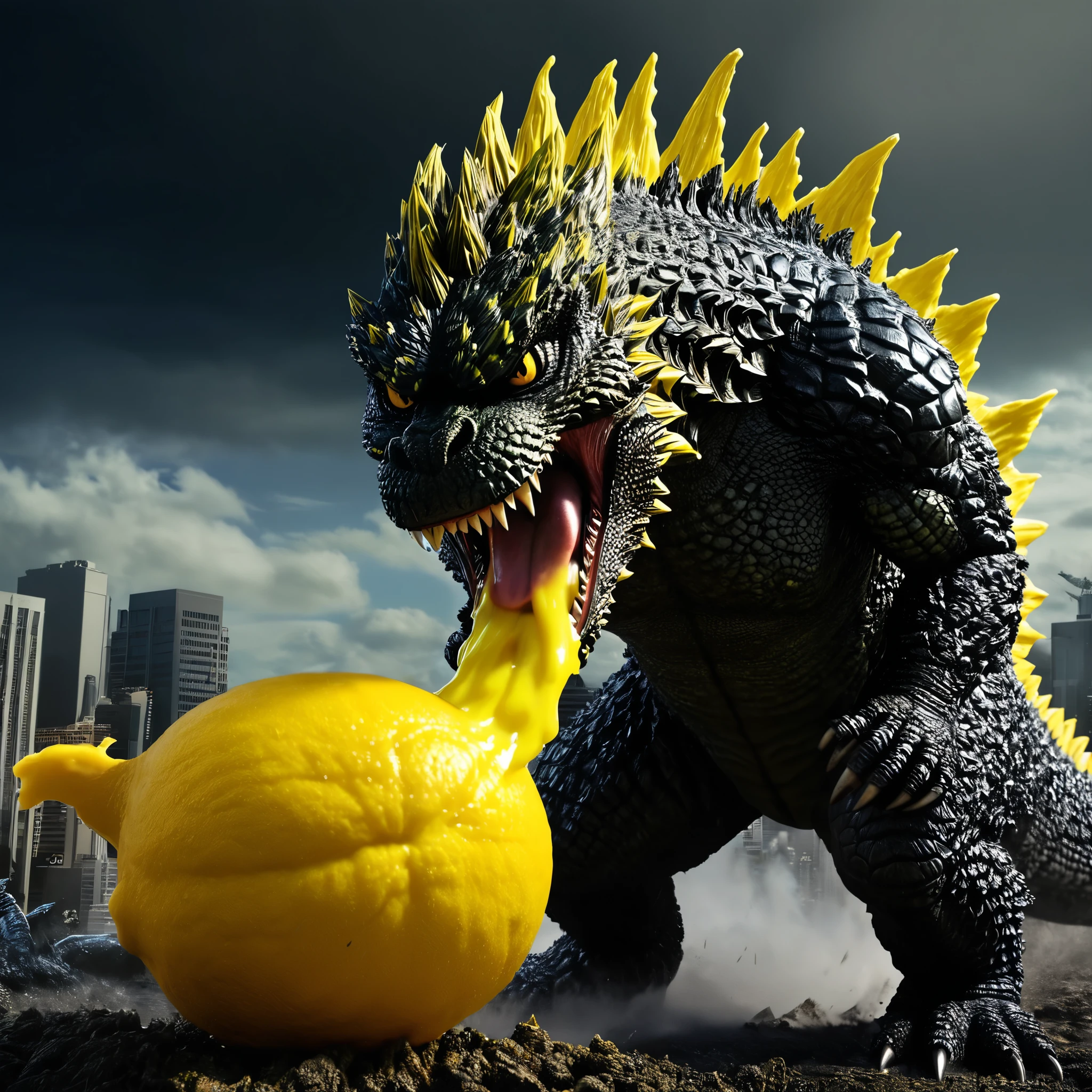 Godzilla roaring at the sky yellow juice covers his face and runs down his back, Godzilla has pinned a large lemon kaiju under one foot and has taken a juicy bite from it a giant godzilla monster,godzilla roaring ferociously with mouth open,godzilla's face and body covered in yellow juice,godzilla pinning down a large lemon kaiju under one foot,godzilla taking a juicy bite from the lemon kaiju,cinematic dramatic lighting,ultra detailed and realistic,highly detailed,cinematic sense of scale,epic scene,dramatic composition,vibrant colors

