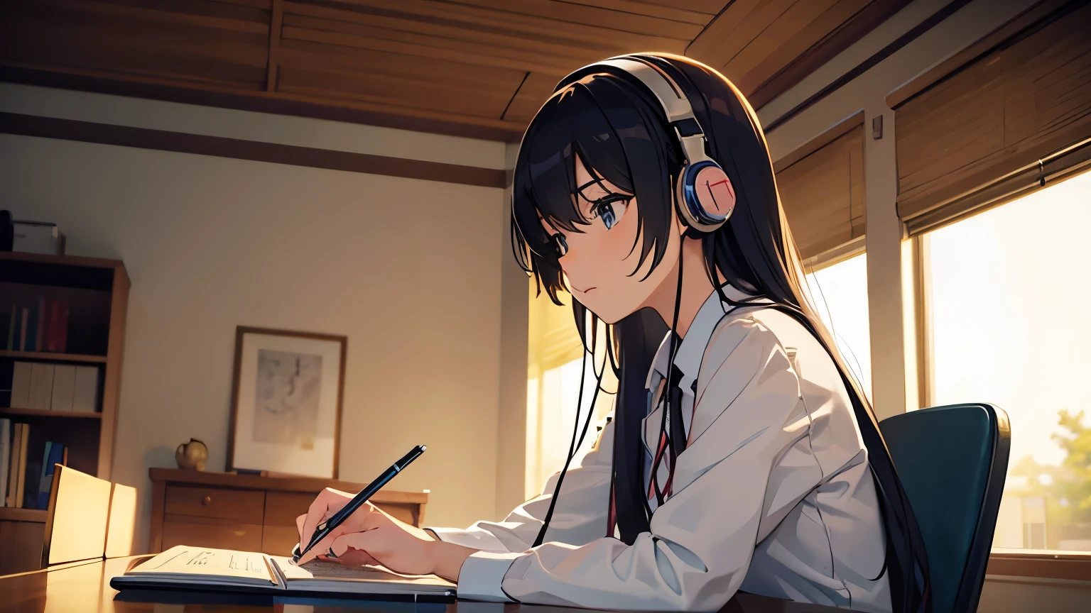 In a room with classic jazz、An anime-style scene of a beautiful girl studying while wearing headphones。Warm lighting and a calming background