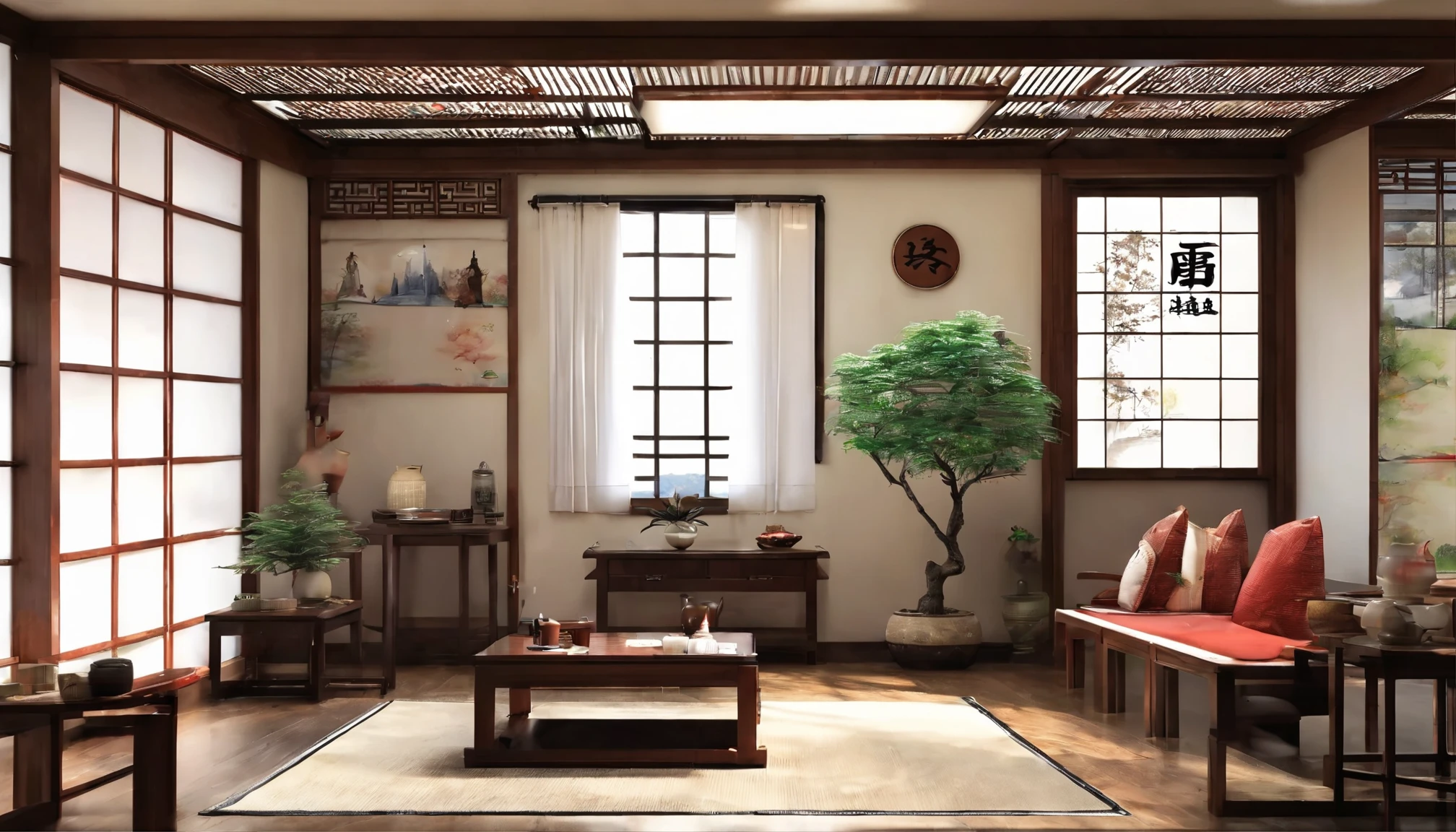 Image quality requirements:Highest image quality
Tea room layout:This Chinese tea room is designed to be serene and elegant。The room has a set of low, typical Chinese coffee tables,There is a teapot on top、Tea cups and tea leaves。The interior layout is simple,It is mainly convenient for making tea and tasting tea。
Decorative style:Traditional Chinese calligraphy and ink paintings hang on the walls,It highlights the profound heritage of Chinese culture。A pot of well-manicured bonsai is placed in the center of the room,A natural element is added to the tea room。
Color and material:The main colors of the room are dark wood and light beige,It creates the warmth of a traditional Chinese home。Furniture is usually made of noble woods such as mahogany,Carved,Superb craftsmanship is shown。
Curtains and windows:Curtains are traditional silk curtains,Can block sunlight,Keep the tea room quiet。Outside the window is an exquisite Chinese courtyard or garden,Visible through the window。
Tea sets and accessories:On the coffee table are tea sets made of porcelain,Teapot included、teacup、tea cans, etc。There are also some classical ornaments inside,Such as porcelain、Calligraphy, paintings and carvings。
Ambient:This Chinese tea room creates tranquility、Peace and tasteful atmosphere,It's meditation、The perfect place to meditate and enjoy traditional tea culture。