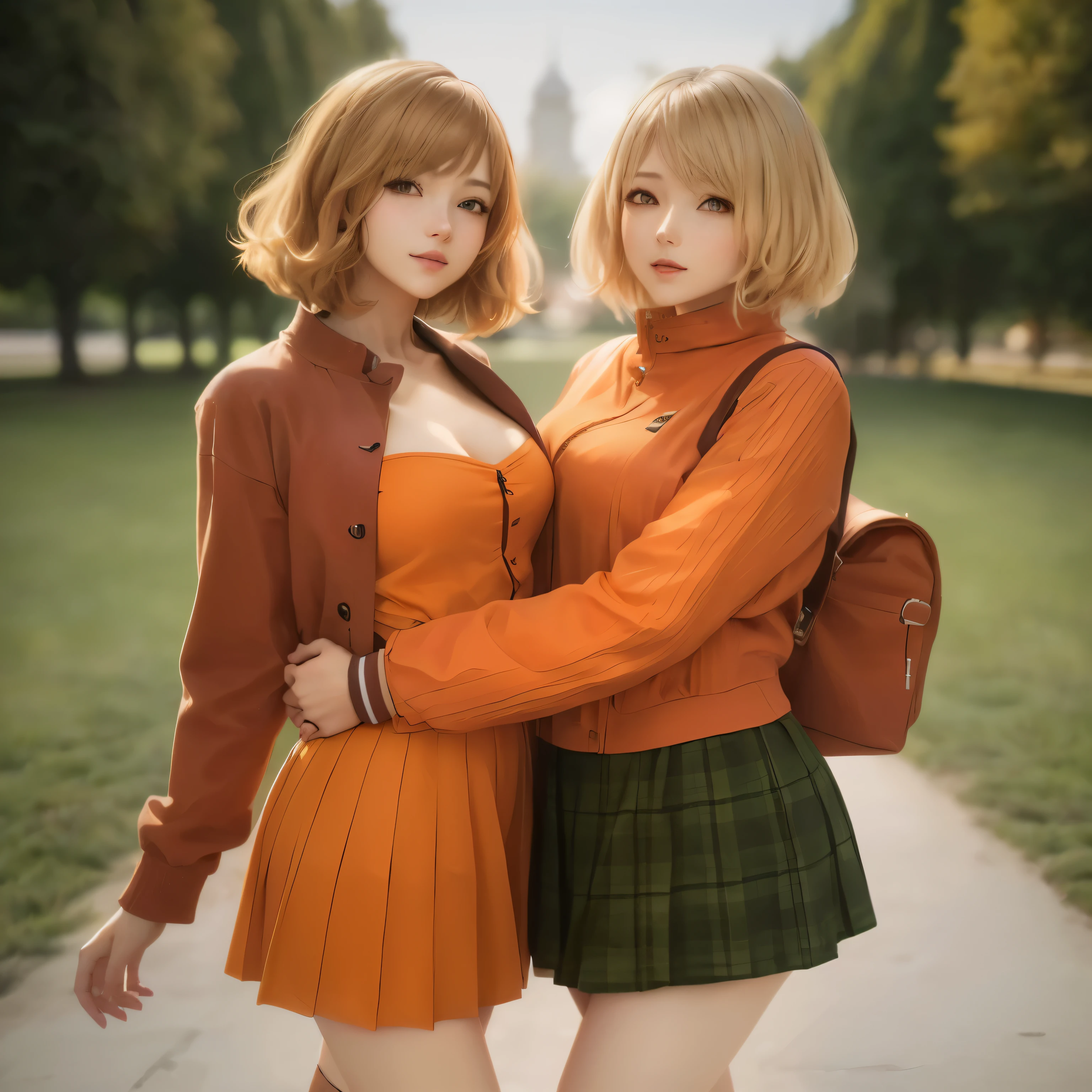 two women in short skirts and orange jackets standing next to each other, two beautiful anime girls, realistic anime 3 d style, a hyperrealistic , hyperrealistic , beautiful sci - fi twins, anime girl in real life, anime realism style, realistic , nixeu and sakimichan, realistic anime style at pixiv, style anime