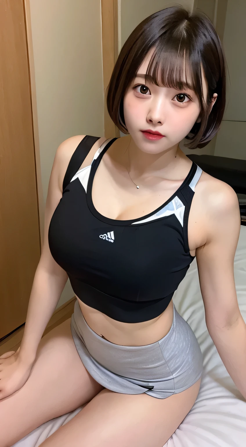 Sports Bra、mini skirt、M-shaped legs、bed、Embarrassed face、Short hair with bangs