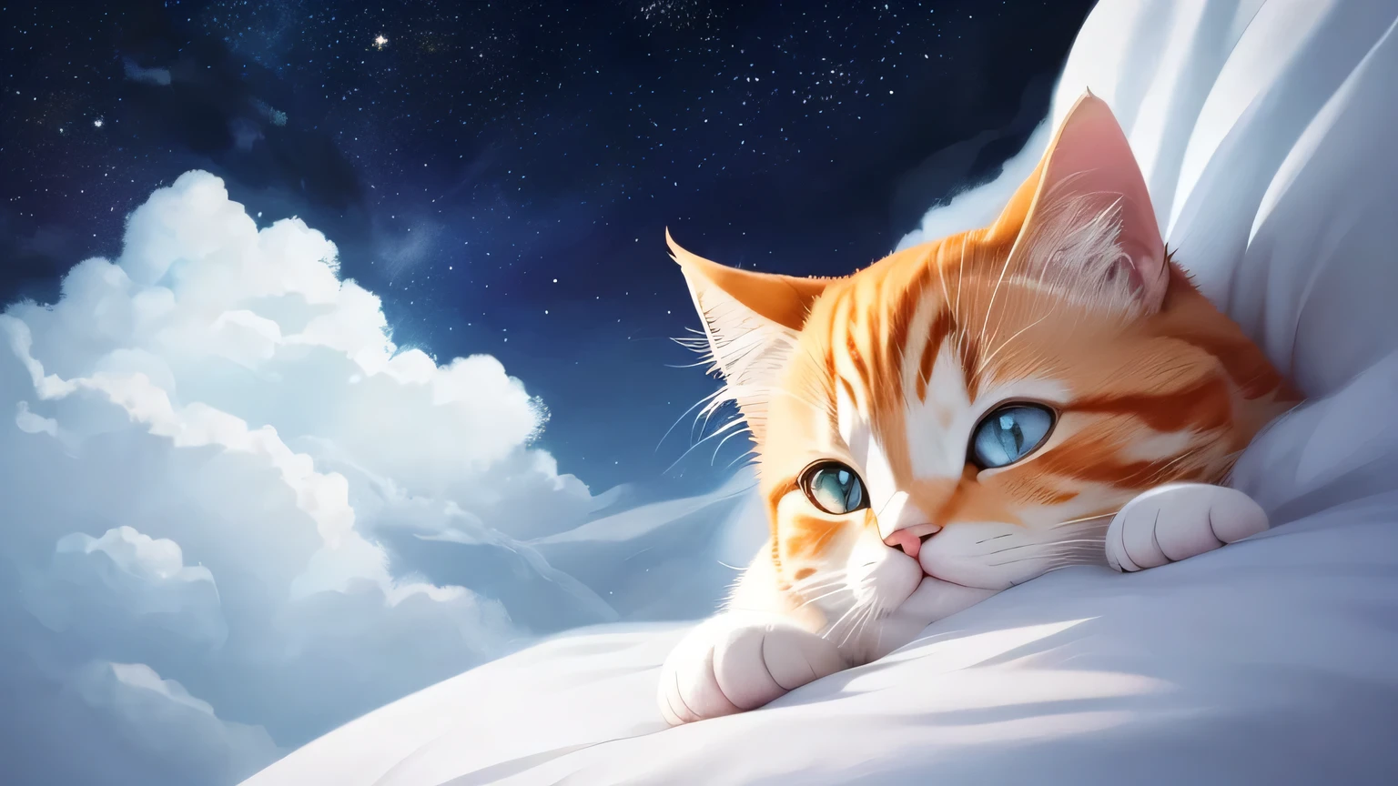 Please draw a picture that meets the following conditions.
The angle of view is a close-up，HD, Disney Pixar style, digital painting, natural lighting, rich background, edge lighting, dreamy color tone, color palette, aspect ratio 16:9This picture depicts a small orange-and-white cat lying peacefully on a cloud that looks like snow, with its eyes closed, as if enjoying a sweet dream. The cat’s expression is very calm and content, with its mouth corners slightly turned up as if it’s smiling. The background of the painting is a dreamlike starry sky, adorned with dangling stars and soft halos, some of which connect with graceful lines to create a quiet and peaceful night atmosphere.The overall style can be described as full of fantasy and fairy-tale colors. The entire image is dominated by warm and bright colors, The use of color is soft and layered; the orange and white cat contrasts sharply with the dark blue and purple background, creating a warm versus cool tone that enhances the snug feel of the picture.presenting a peaceful, warm, and pleasant feeling that makes one’s mood very relaxed and happy after looking at it. In addition, the details of the painting are exquisitely handled, such as the texture of the cat’s fur, the fluffiness of the clouds, and the twinkling starlight, all of which add to the picture’s delicacy and charm.