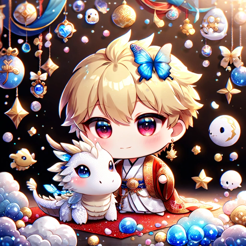 (absurdres, highres, ultra detailed, HDR) master piece, best quality, Gilgamesh chibi, blonde hair, with bangs, expressive red eyes, fate grand order, together with a chibi white dragon, red haori, white kimono with accessories, jewelry, golden earrings, patterns, magical fantasy, blue butterflies, glittering, sparkling, blue lilies, petals, radiant