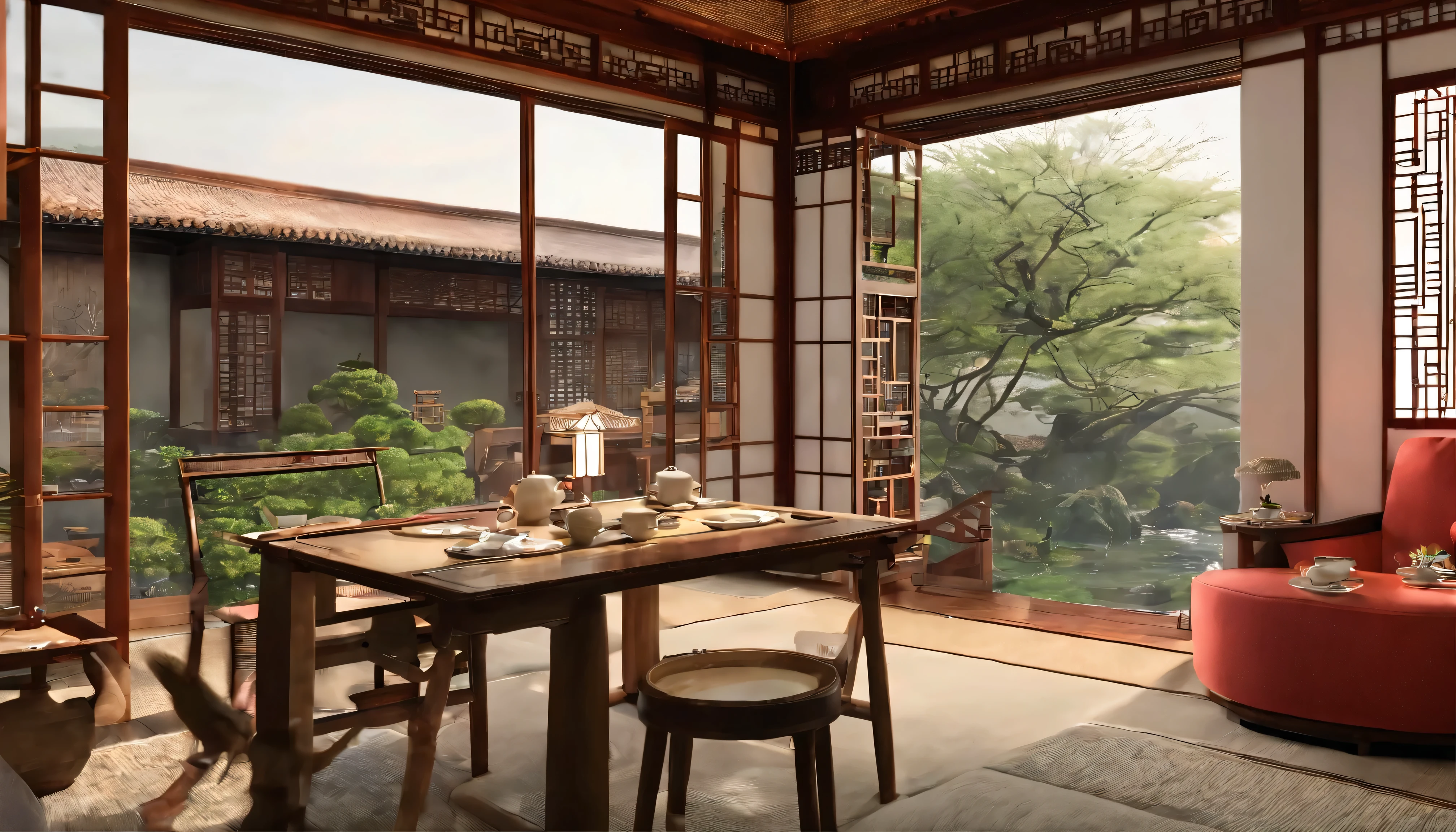 Image quality requirements:Highest image quality
Tea room layout:This Chinese tea room is designed to be serene and elegant。The room has a set of low, typical Chinese coffee tables,There is a teapot on top、Tea cups and tea leaves。The interior layout is simple,It is mainly convenient for making tea and tasting tea。
Decorative style:Traditional Chinese calligraphy and ink paintings hang on the walls,It highlights the profound heritage of Chinese culture。A pot of well-manicured bonsai is placed in the center of the room,A natural element is added to the tea room。
Color and material:The main colors of the room are dark wood and light beige,It creates the warmth of a traditional Chinese home。Furniture is usually made of noble woods such as mahogany,Carved,Superb craftsmanship is shown。
Curtains and windows:Curtains are traditional silk curtains,Can block sunlight,Keep the tea room quiet。Outside the window is an exquisite Chinese courtyard or garden,Visible through the window。
Tea sets and accessories:On the coffee table are tea sets made of porcelain,Teapot included、teacup、tea cans, etc。There are also some classical ornaments inside,Such as porcelain、Calligraphy, paintings and carvings。
Ambient:This Chinese tea room creates tranquility、Peace and tasteful atmosphere,It's meditation、The perfect place to meditate and enjoy traditional tea culture。