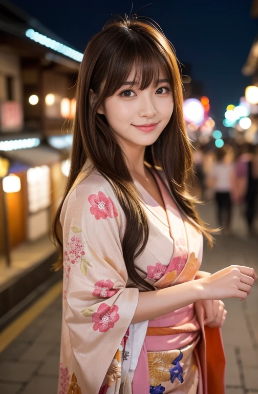 (8K、Raw photography、top-quality、​masterpiece:1.2)、(realisitic、Photorealsitic:1.37)、ultra-detailliert、超A high resolution、女の子1人、see the beholder、beautifull detailed face、A smile、Constriction、(Slim waist) :1.3)、The shirt、Beautiful detailed skin、Skin Texture、floated hair、profetional lighting、full body Esbian、Summer Festival Snapshot。Date in yukata。Yukata at the fireworks display。Yukata at the summer festival。Summer yukata。Fireworks Festival。blanche、Light pink floral yukata。