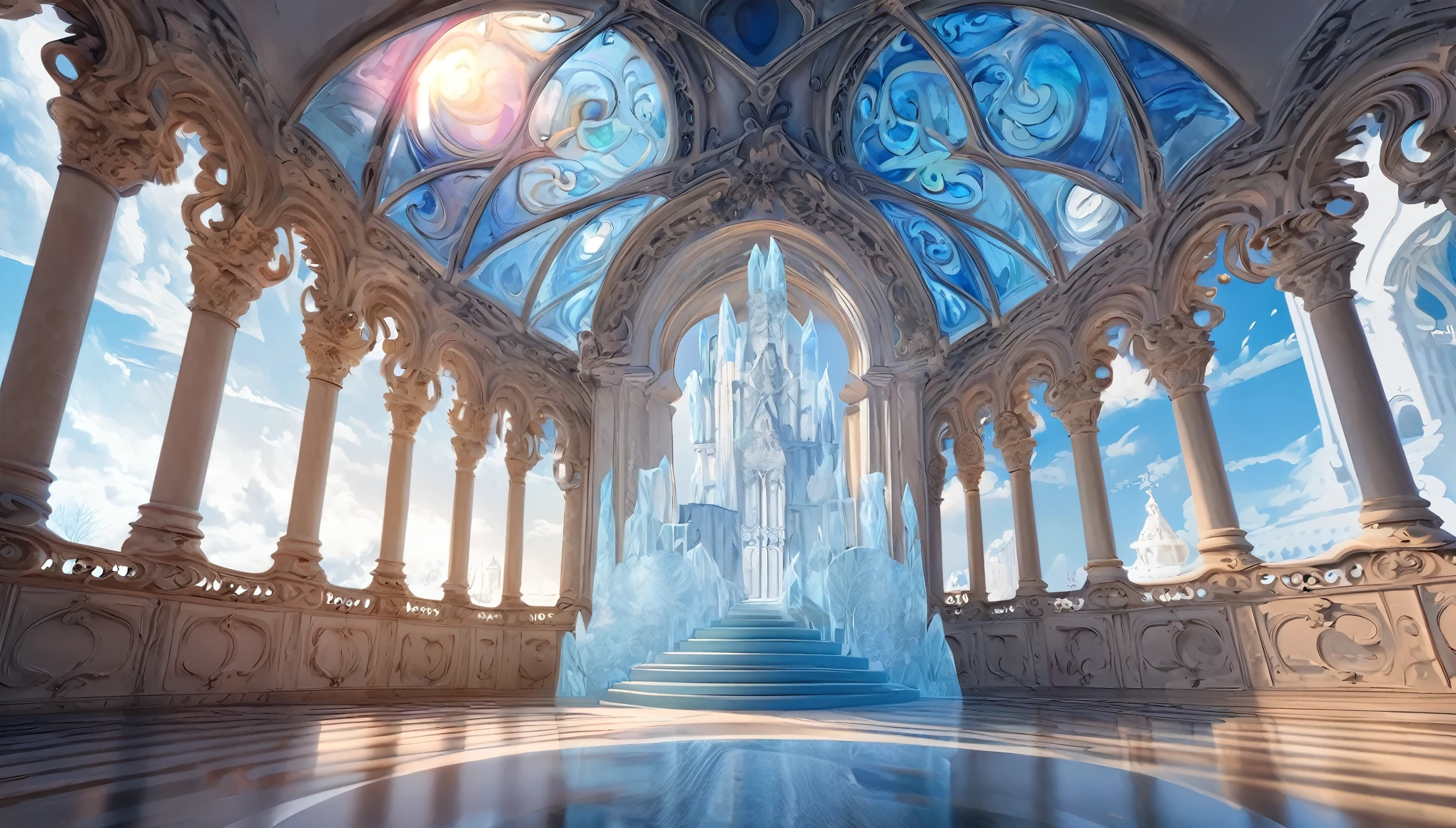 best quality, super fine, 16k, delicate and dynamic, gorgeous ice castle, beautiful courtyard and cloudless day, transparent, translucent and iridescent, Gothic, Romanesque, Baroque, Renaissance, Rococo, Art Nouveau, Northern Renaissance style