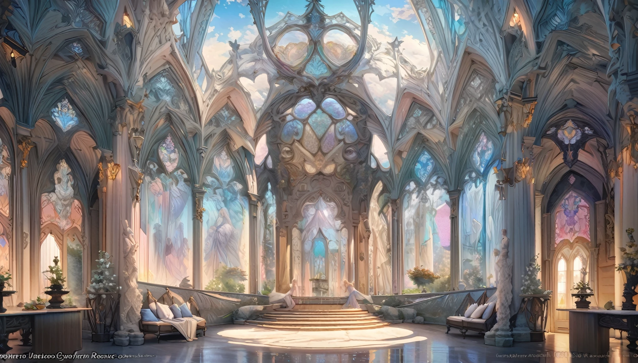 best quality, super fine, 16k, delicate and dynamic, gorgeous ice castle, beautiful courtyard and cloudless day, transparent, translucent and iridescent, Gothic, Romanesque, Baroque, Renaissance, Rococo, Art Nouveau, Northern Renaissance style