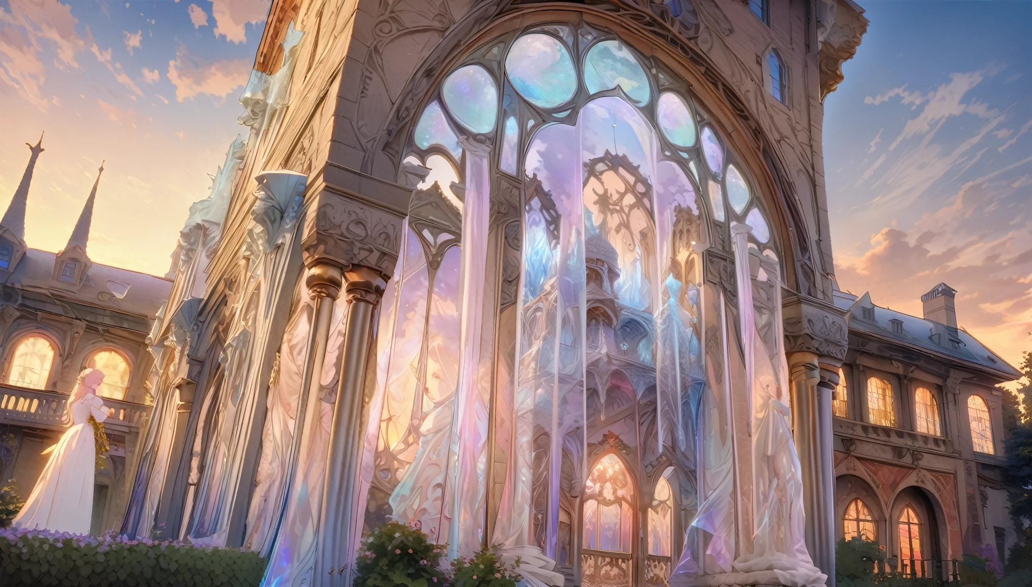 best quality, super fine, 16k, delicate and dynamic, gorgeous ice castle, beautiful courtyard and cloudless day, transparent, translucent and iridescent, Gothic, Romanesque, Baroque, Renaissance, Rococo, Art Nouveau, Northern Renaissance style